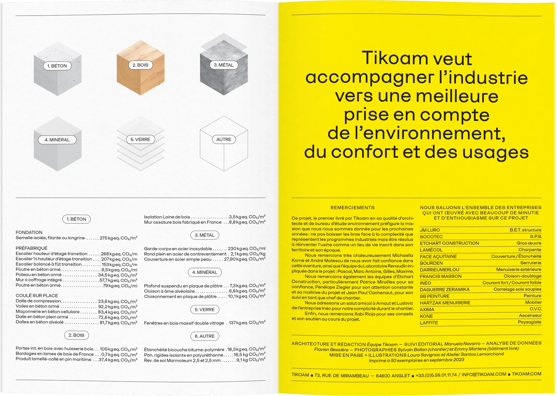 Double page système constructif Tikoam dans le dossier de presse Renaudin — design éditorial print pour présentation de système constructif industriel, graphiste freelance Occitanie