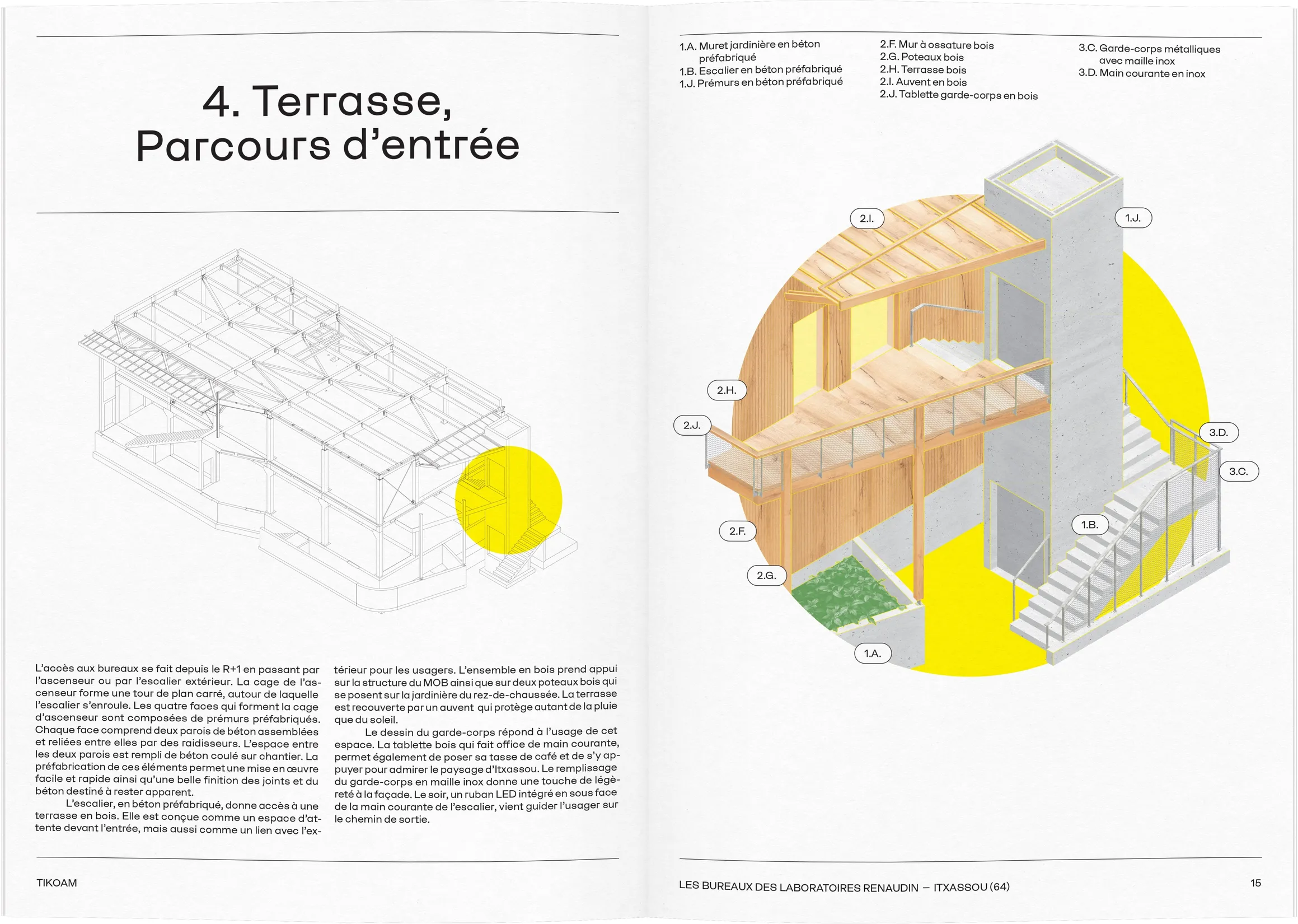 Double page technique Terrasse et Parcours d'entrée du dossier de presse Renaudin — mise en page print avec illustration axonométrique, graphiste freelance Toulouse, Occitanie