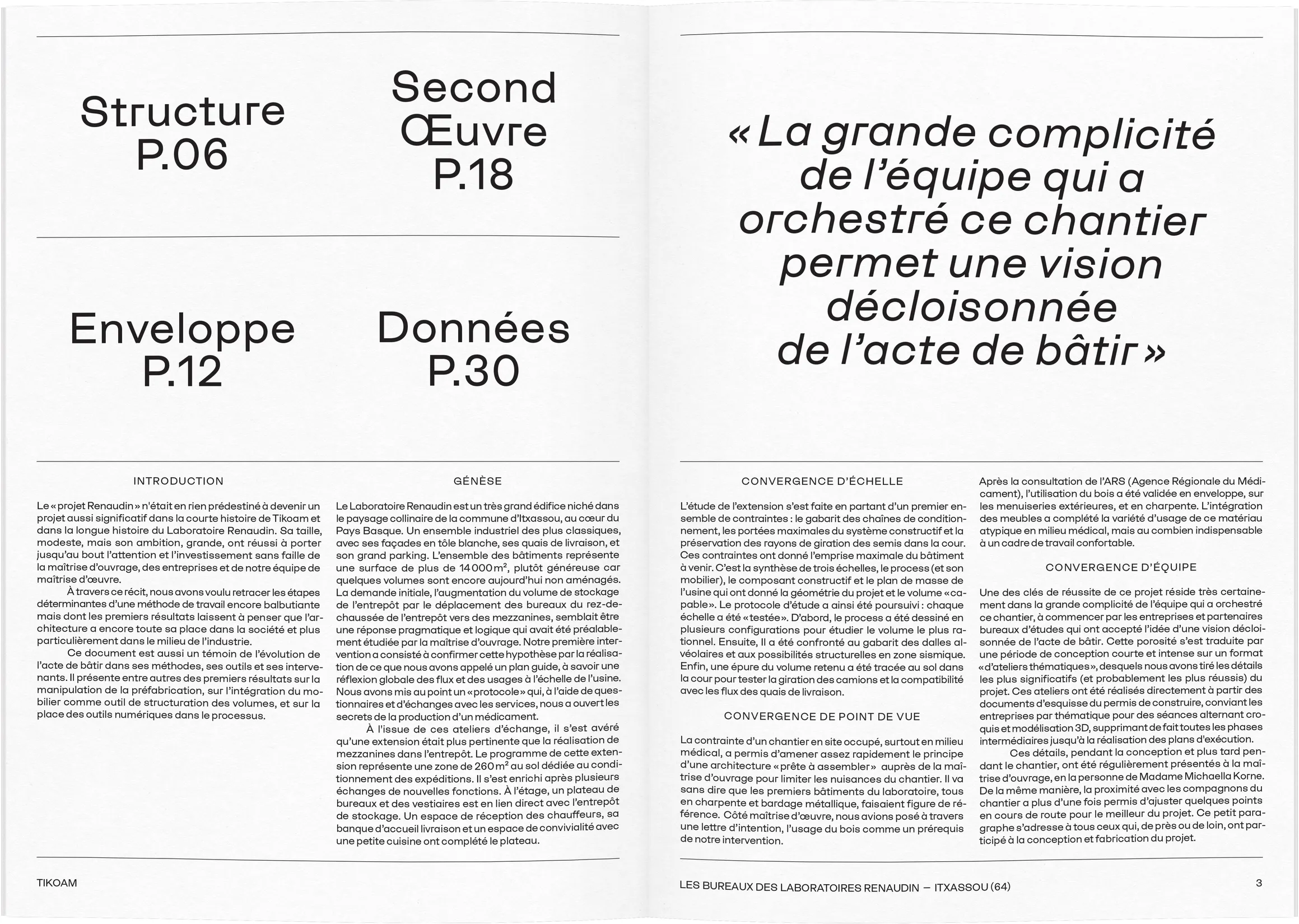 Double page sommaire et citations du dossier de presse Renaudin — conception éditoriale pour dossier de presse architectural, graphiste freelance Montauban, Occitanie