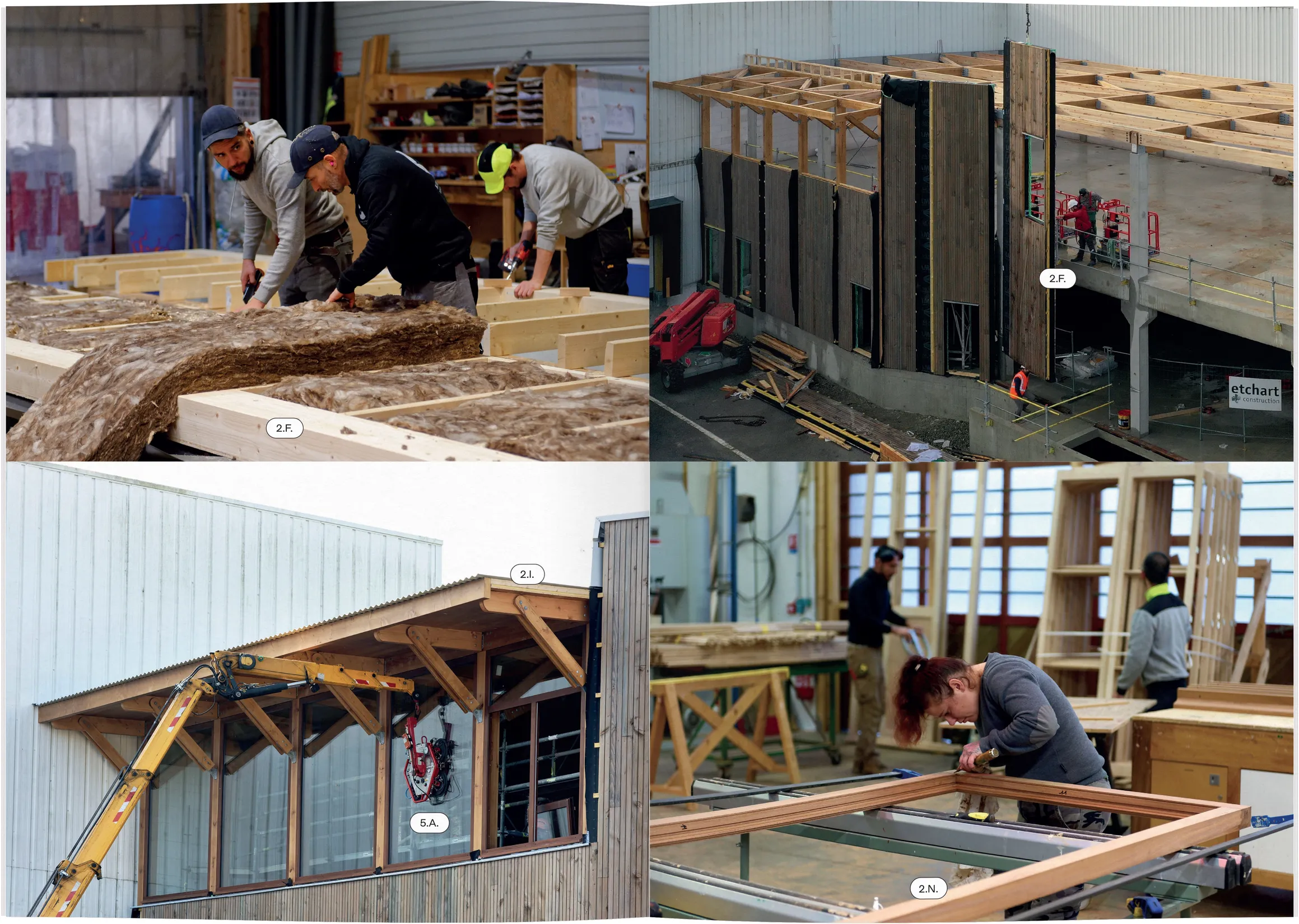 Grille de photographies de chantier charpente bois, dossier de presse Renaudin — design print pour documentation de projet de construction, graphiste Occitanie