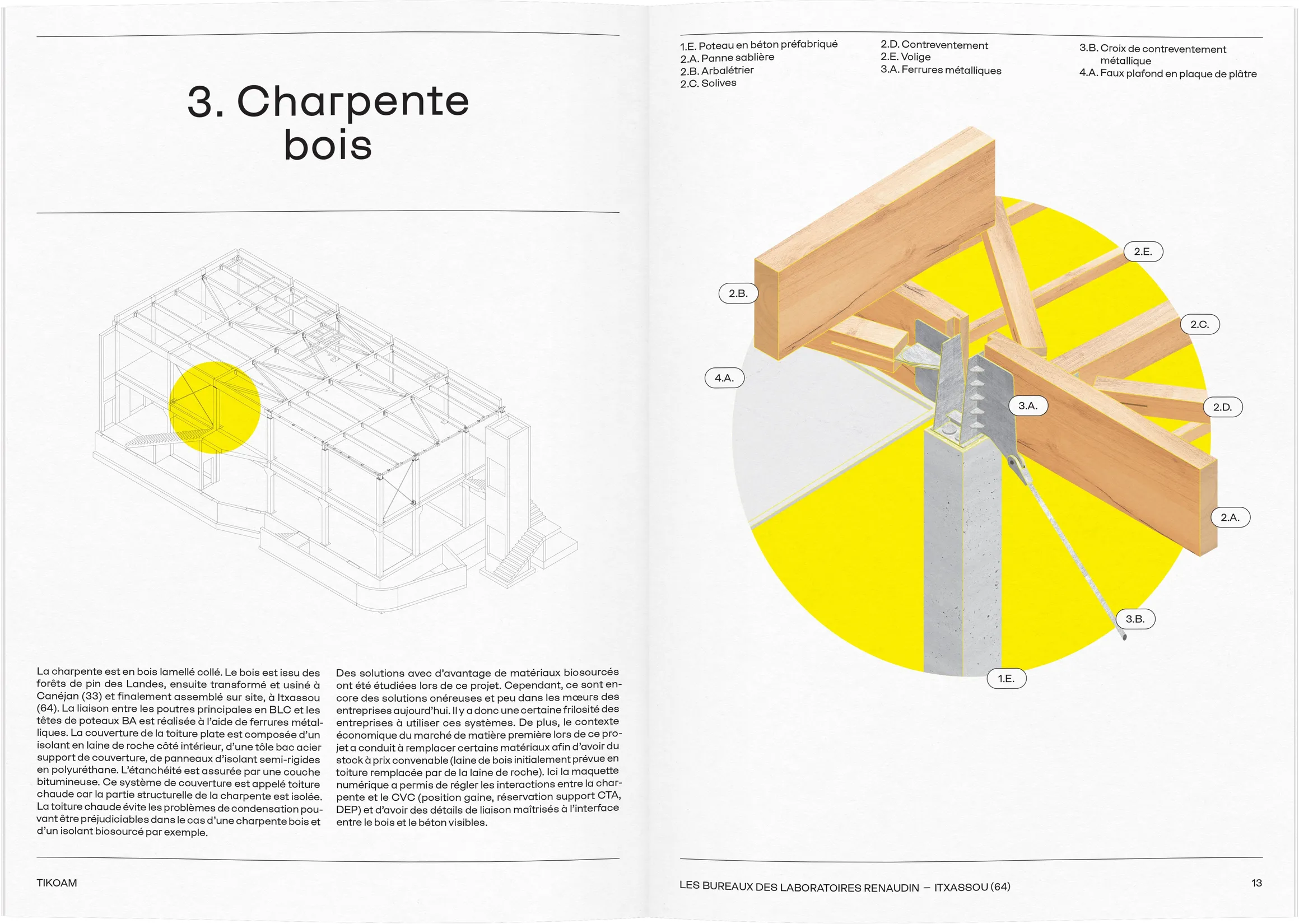 Double page technique Charpente bois du dossier de presse Renaudin — design éditorial avec schémas constructifs en coupe, graphiste freelance Cahors, Occitanie