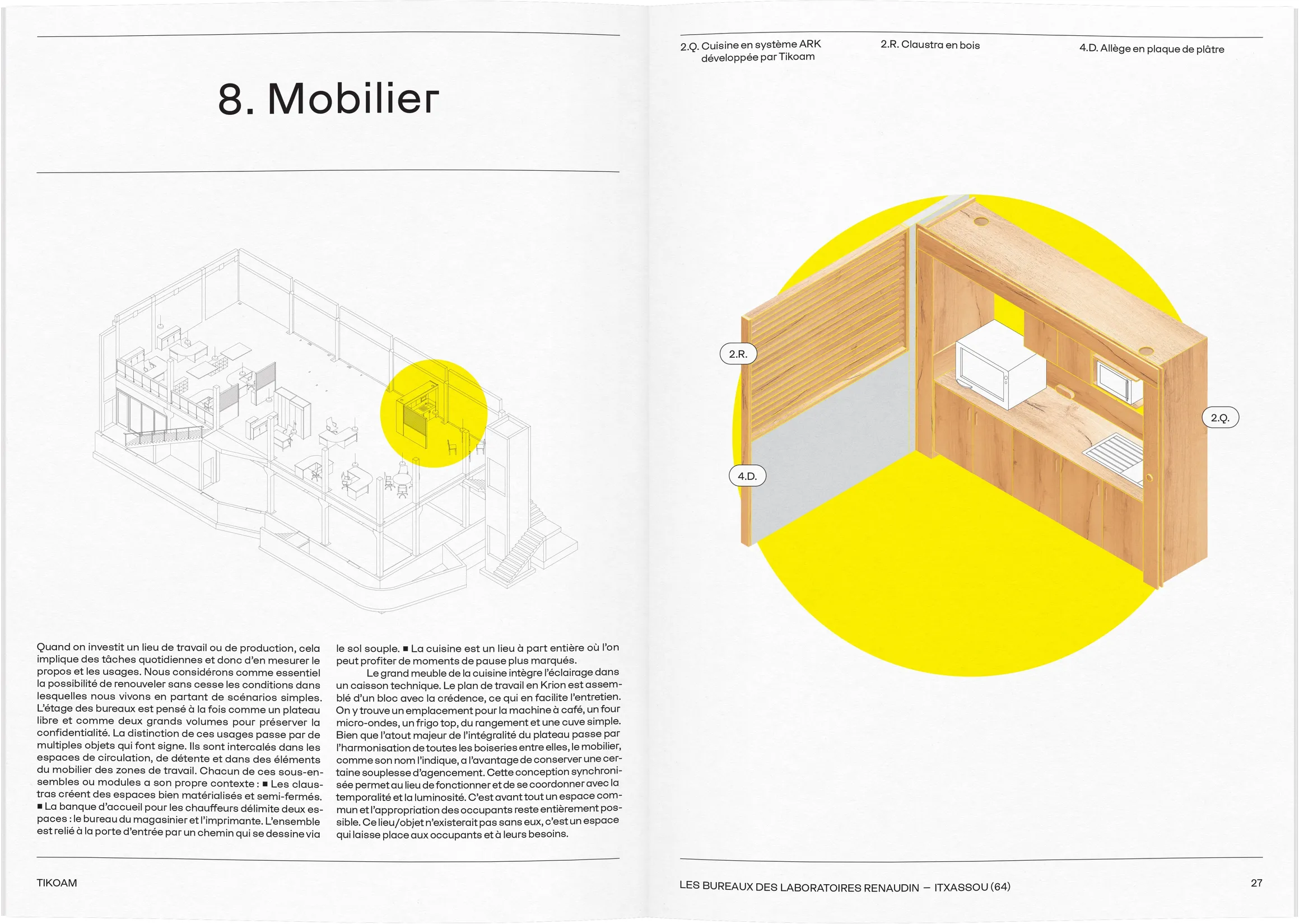 Double page technique Mobilier du dossier de presse Renaudin — mise en page print avec axonométrie et détails de mobilier intégré, graphiste Occitanie