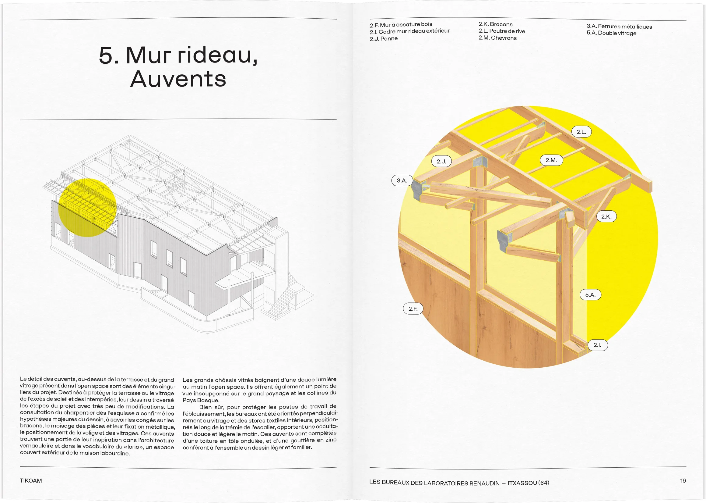 Double page technique Mur rideau et Auvents du dossier de presse Renaudin — conception graphique de document de presse architectural, graphiste freelance Montauban, Occitanie