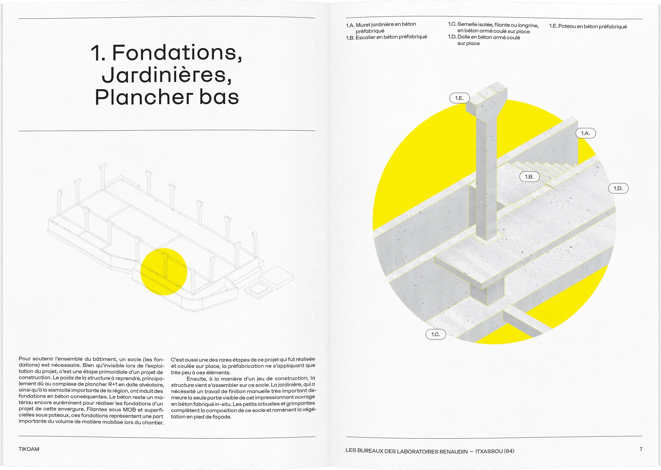 Double page technique Fondations du dossier de presse Renaudin — mise en page print avec infographies et schémas constructifs, graphiste Occitanie