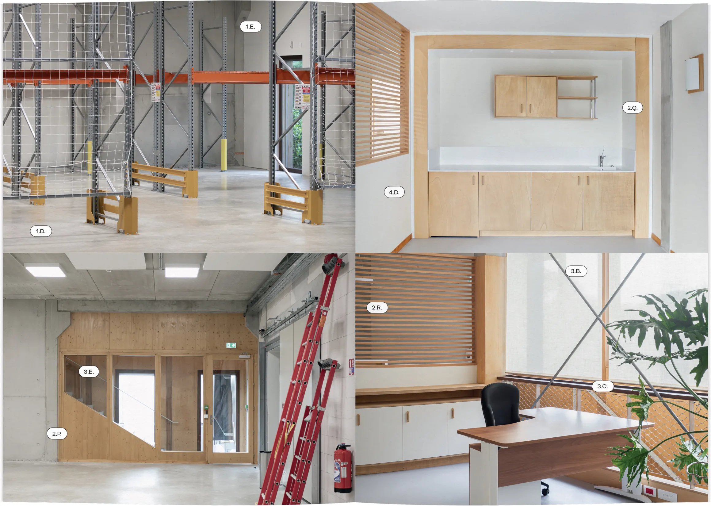 Grille de photographies de chantier intérieur, dossier de presse Renaudin — design éditorial print pour suivi de chantier architectural, graphiste Occitanie