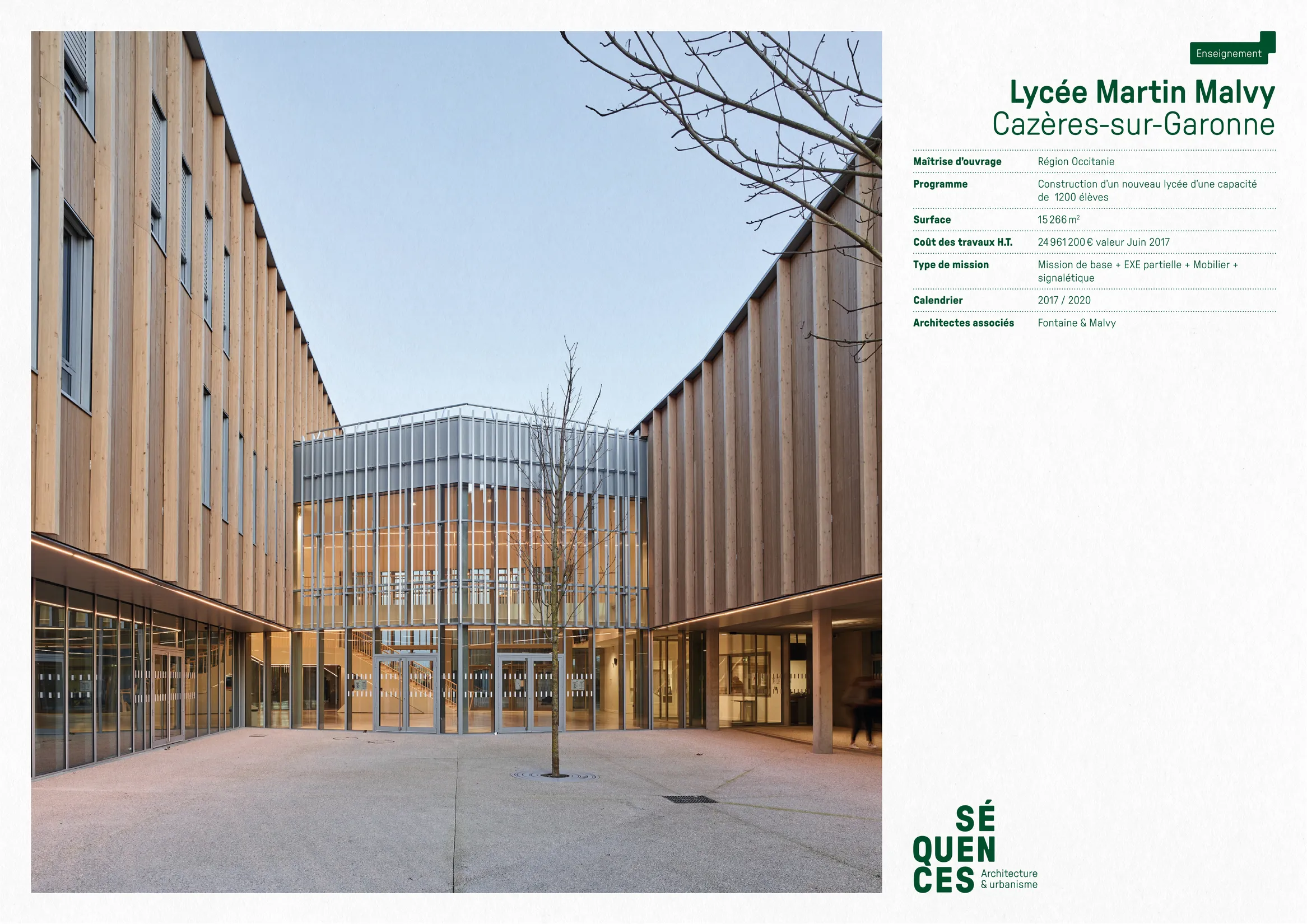 Gabarit de fiche projet Lycée Martin Malvy pour Séquences — design print de document de présentation architecturale, graphiste freelance Occitanie