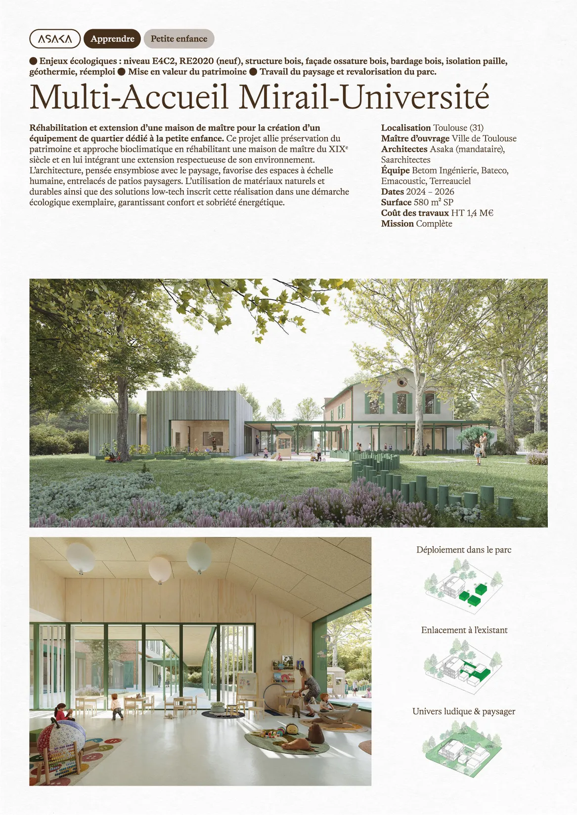 Gabarit de fiche projet pour Asaka Architectes — design de document pour agence d'architecture, mise en page print, graphiste freelance Toulouse, Occitanie