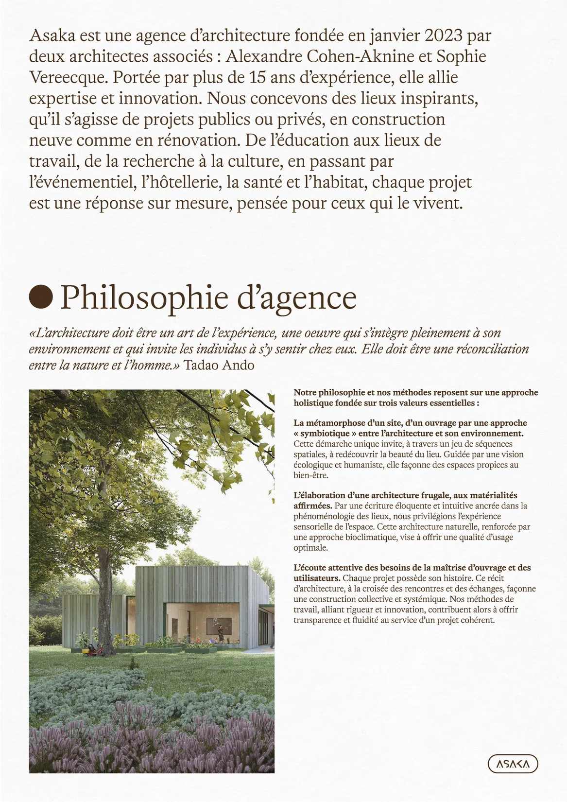 Page de présentation de l'agence Asaka Architectes — webdesign avec photo d'équipe, identité visuelle pour cabinet d'architecture, graphiste freelance Toulouse