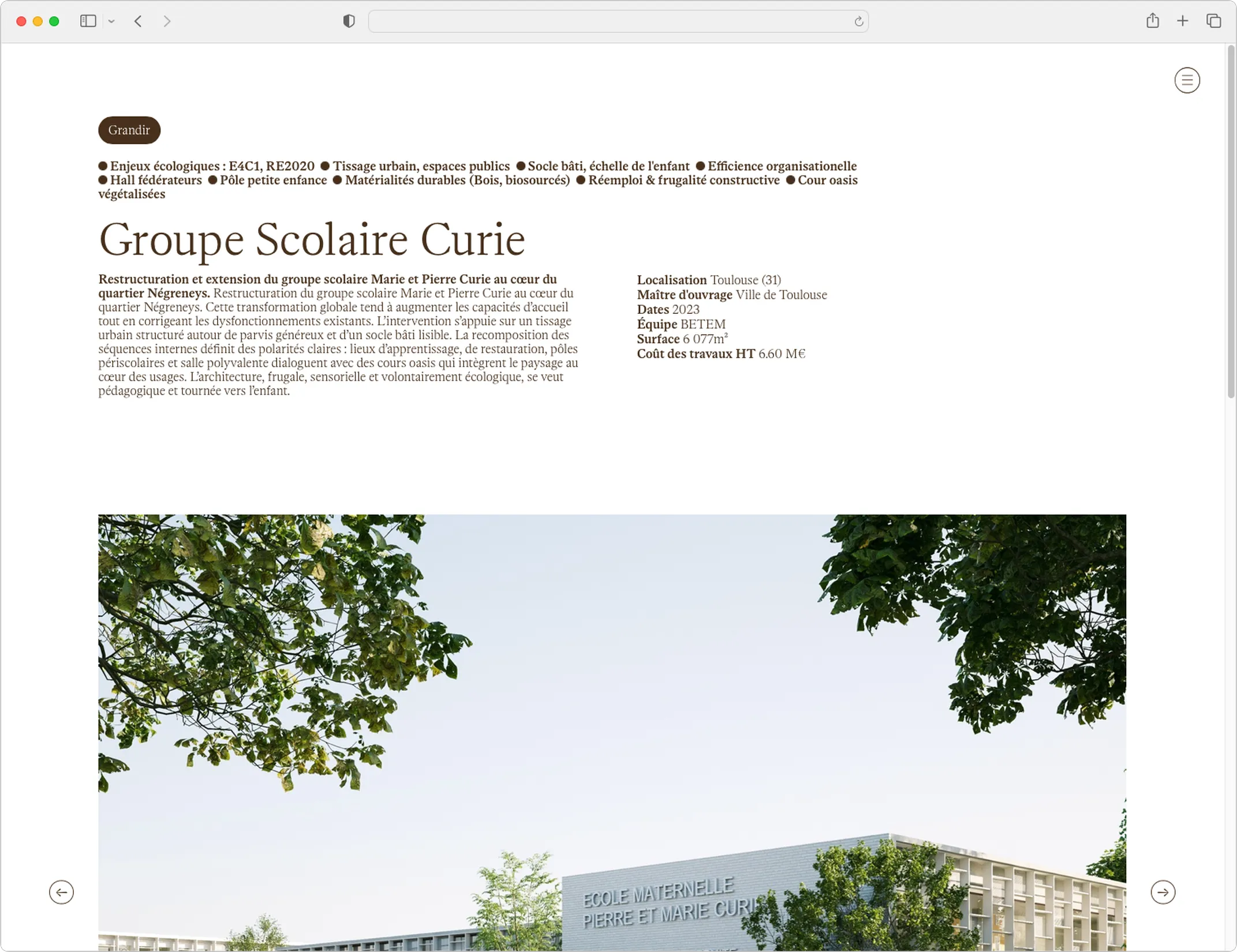 Page projet Groupe Scolaire Curie sur le site Asaka Architectes — webdesign fiche de réalisation avec photo et données techniques, graphiste Toulouse, Occitanie