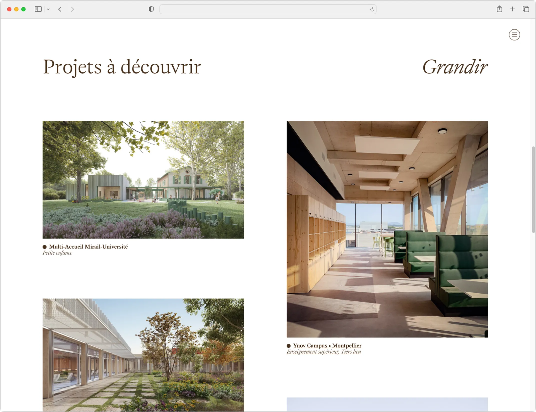 Page Projets à découvrir du site Asaka Architectes — design web avec navigation par thématiques et grille de projets, graphiste freelance Cahors, Occitanie