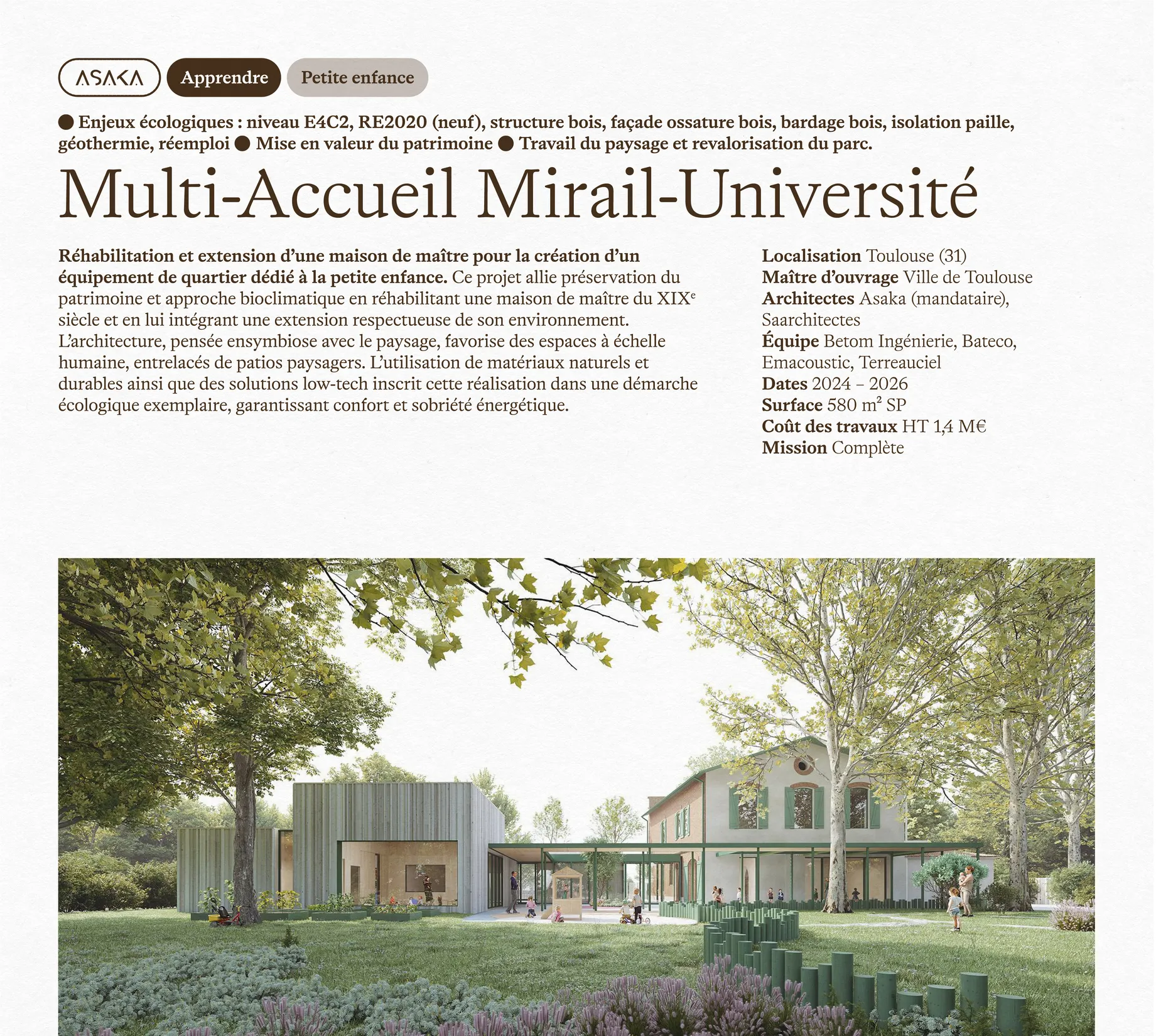 Gabarit de fiche projet pour Asaka Architectes — design de document pour agence d'architecture, mise en page print, graphiste freelance Toulouse, Occitanie