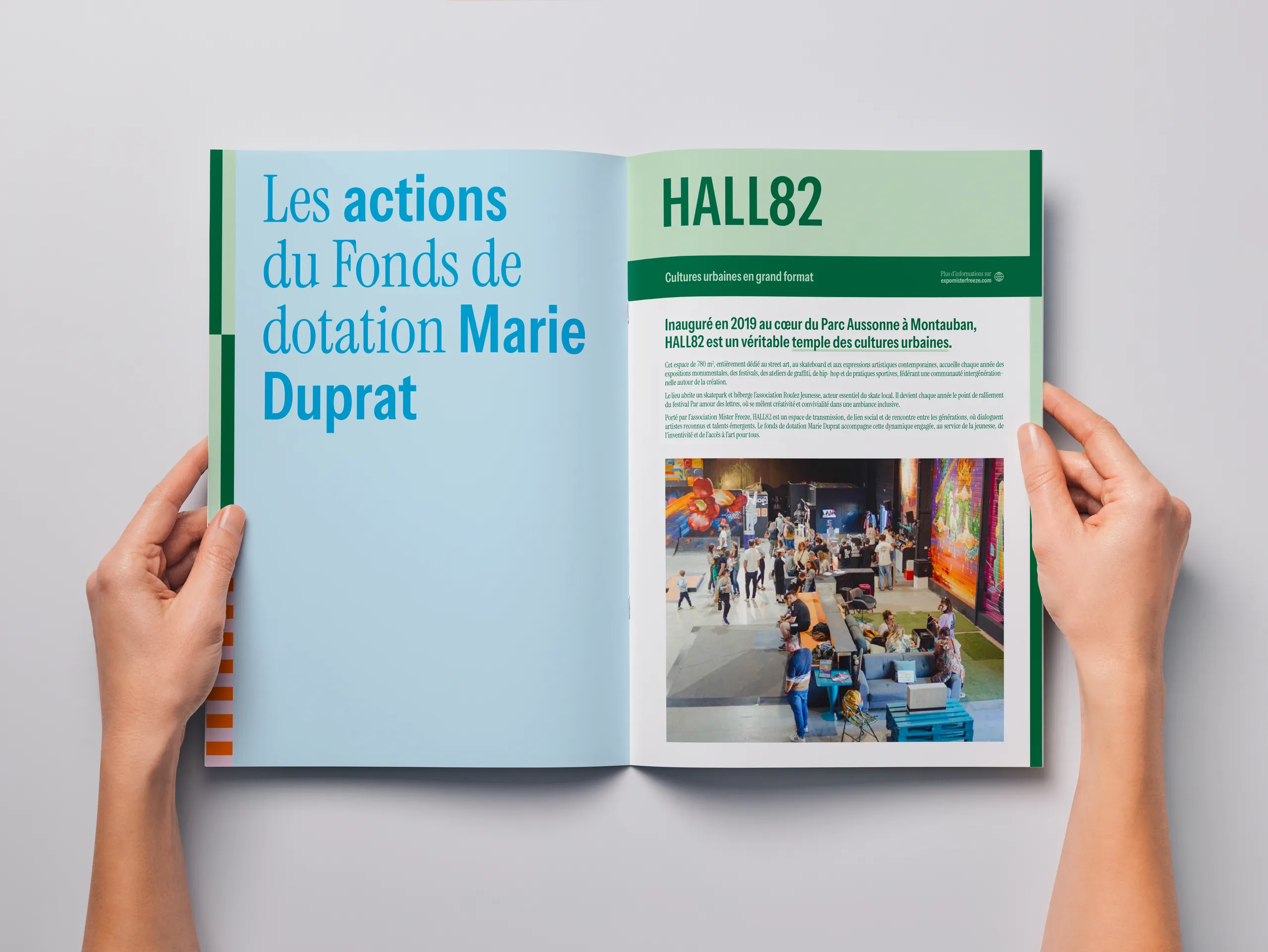 Design éditorial double page pour le Fonds de dotation Marie Duprat — graphiste print Montauban, mise en page brochure association culturelle, Occitanie