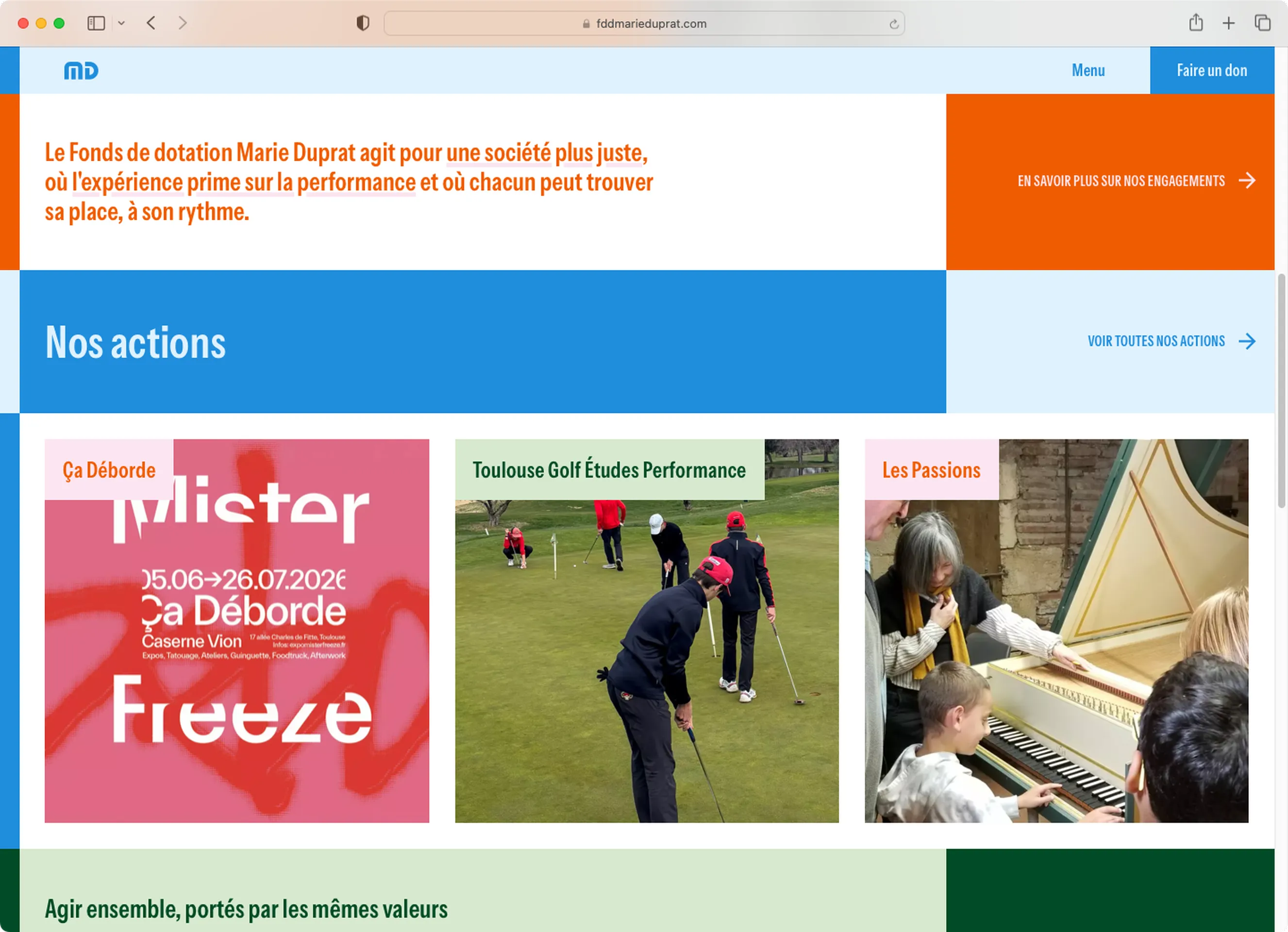 Design de la page Nos actions du site Fonds de dotation Marie Duprat — création de site web associatif, graphiste freelance Cahors, Occitanie