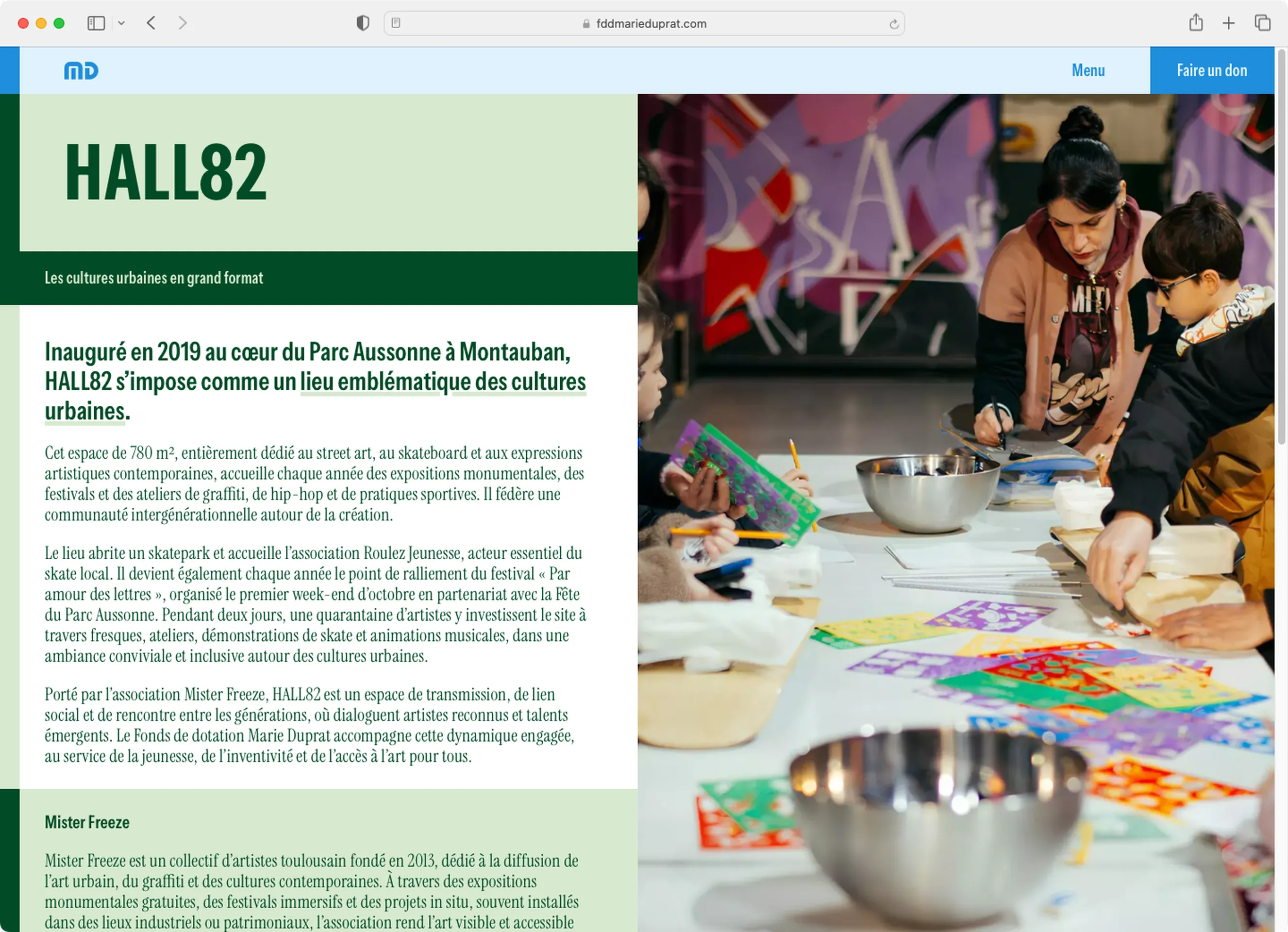 Design de la page HALL82 pour le site du Fonds de dotation Marie Duprat — création site web culturel, graphiste freelance Toulouse, Occitanie