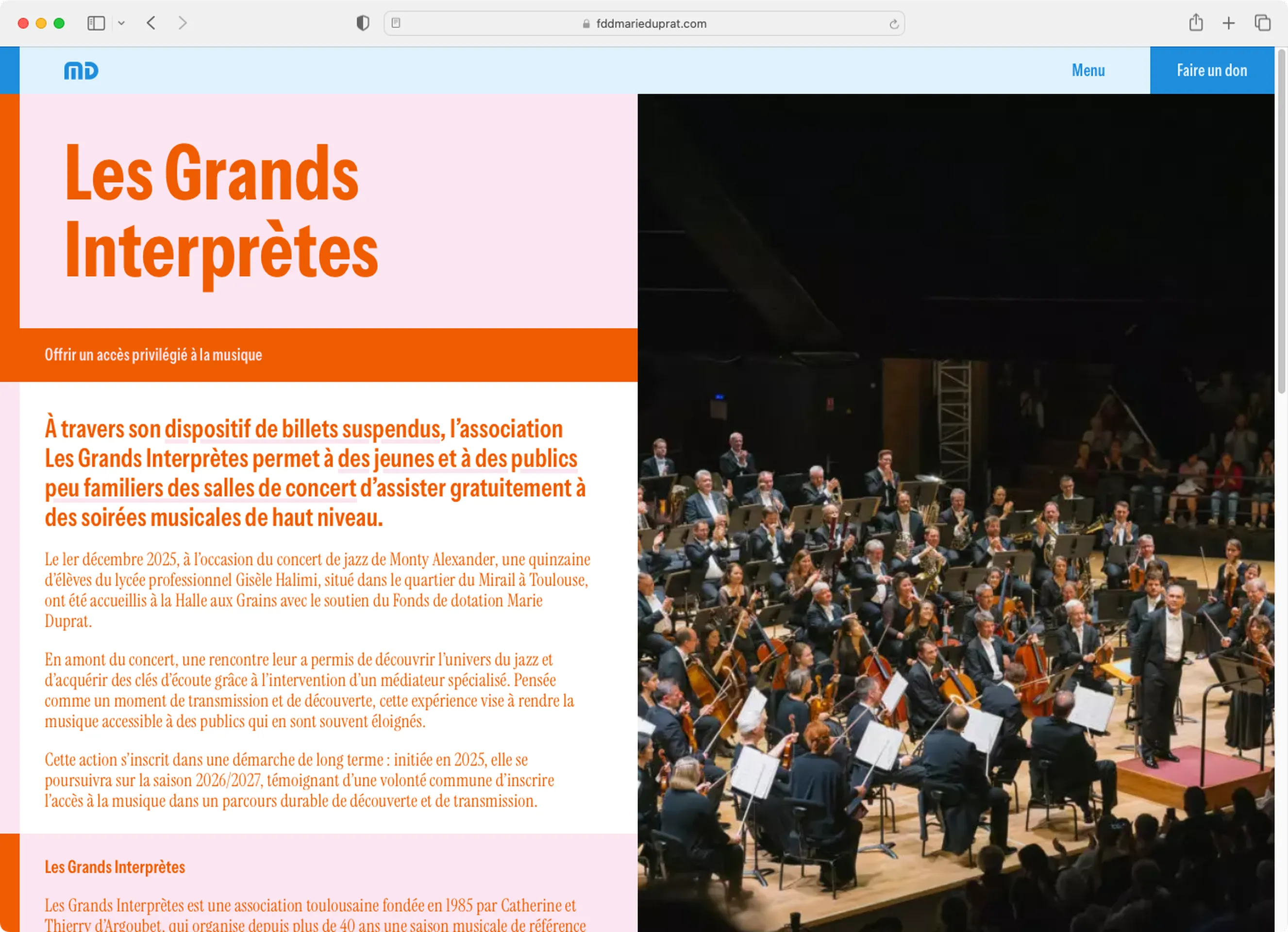 Page web Les Grands Interprètes, site Fonds Marie Duprat — webdesign éditorial pour organisation culturelle, graphiste freelance Montauban, Occitanie