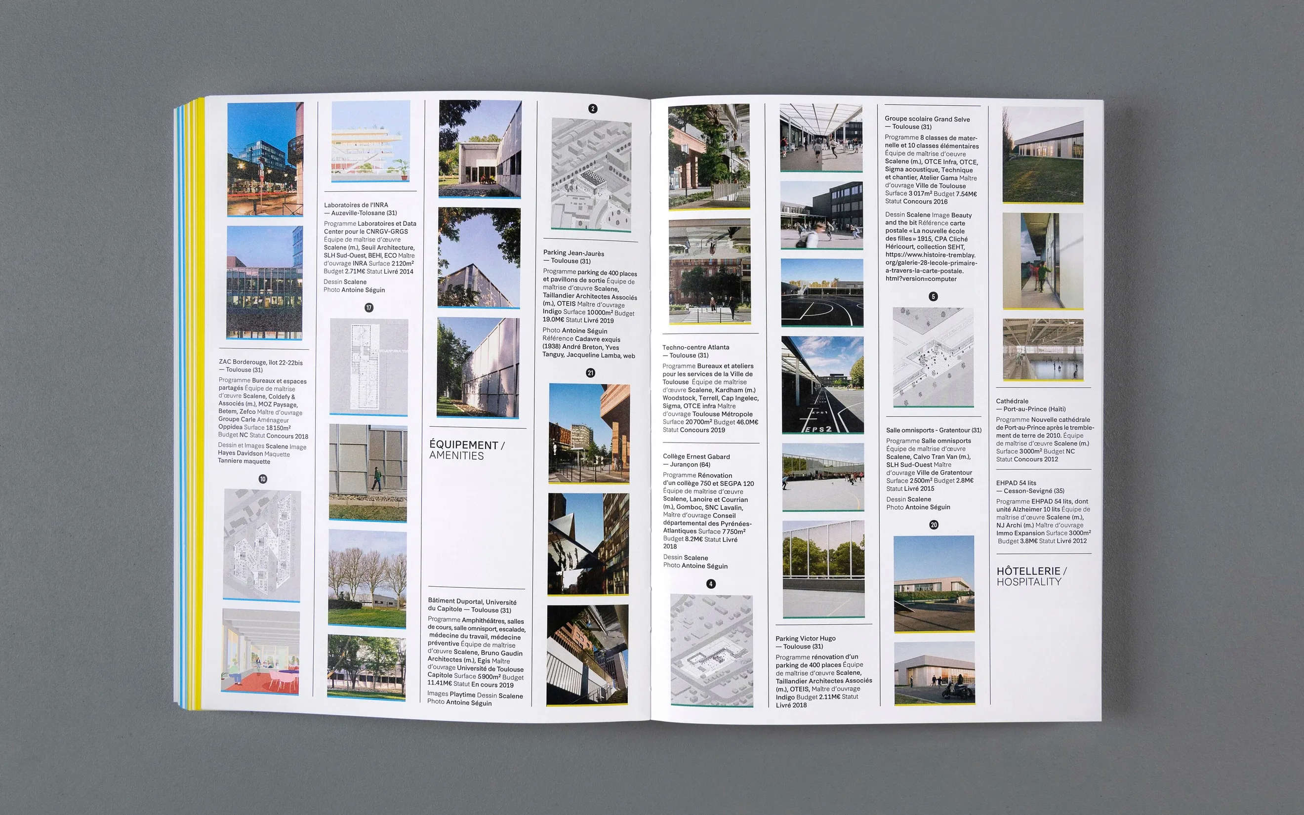Double page grille photographique du livre Architecture enrichie de scalene architectes — mise en page print avec grille iconographique pour ouvrage architectural, graphiste freelance Occitanie