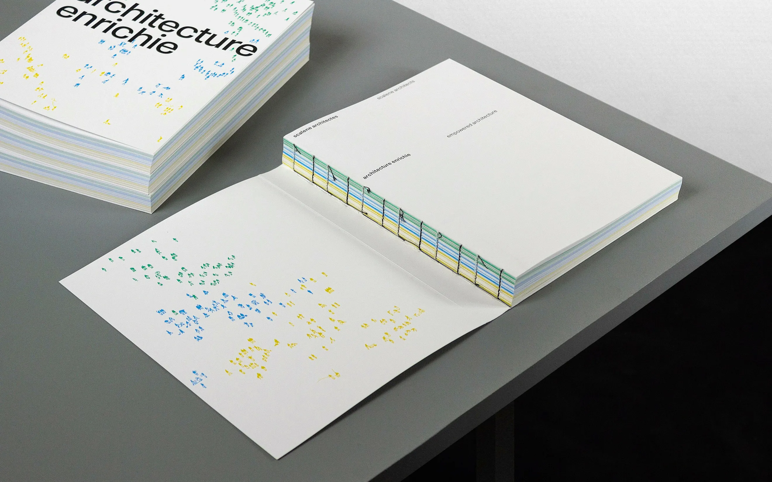Couverture et tranche du livre Architecture enrichie de scalene architectes — conception graphique d'ouvrage de monographie architecturale, graphiste freelance Toulouse, Occitanie
