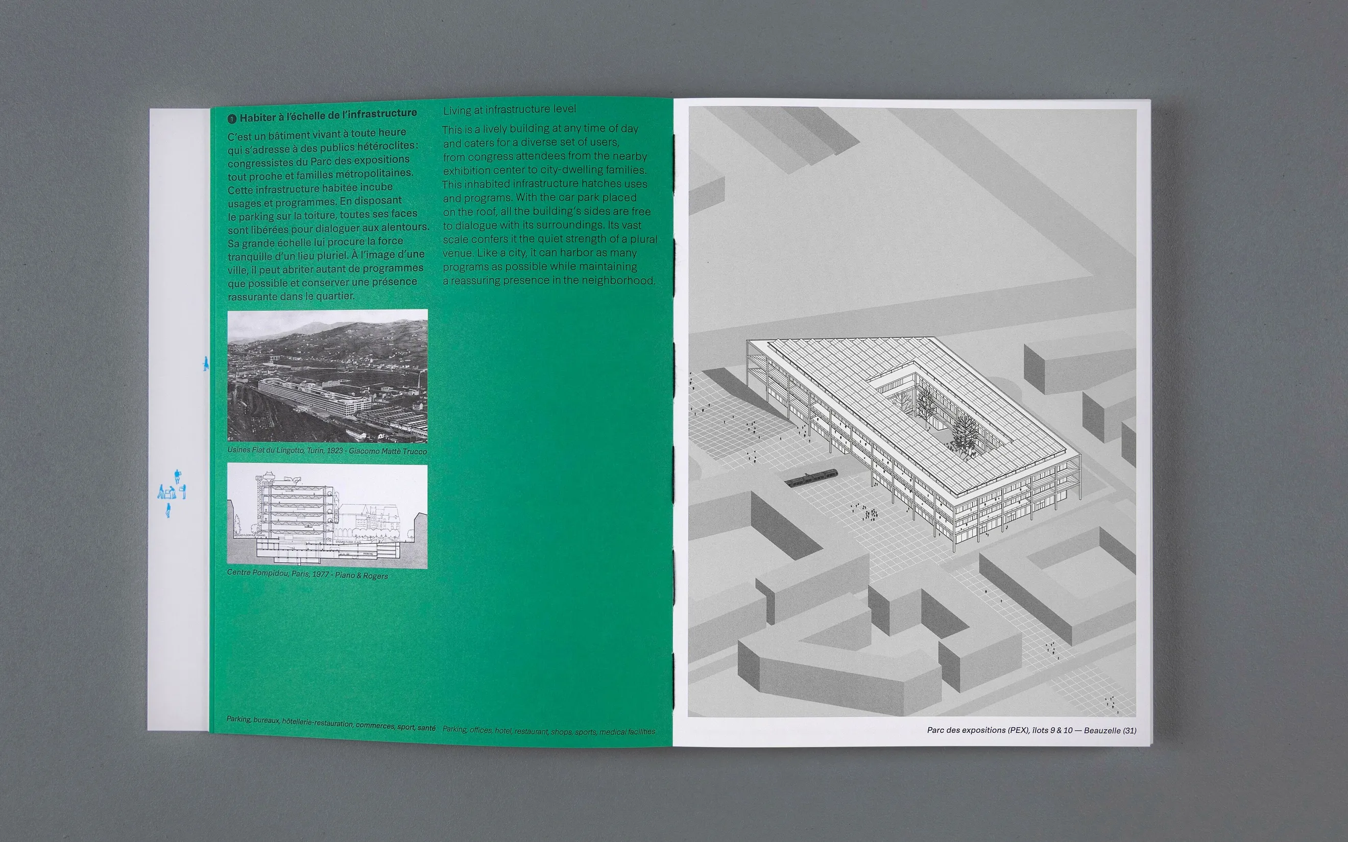 Double page avec illustrations axonométriques dans le livre Architecture enrichie — conception graphique de monographie d'architecture, graphiste freelance Toulouse, Occitanie