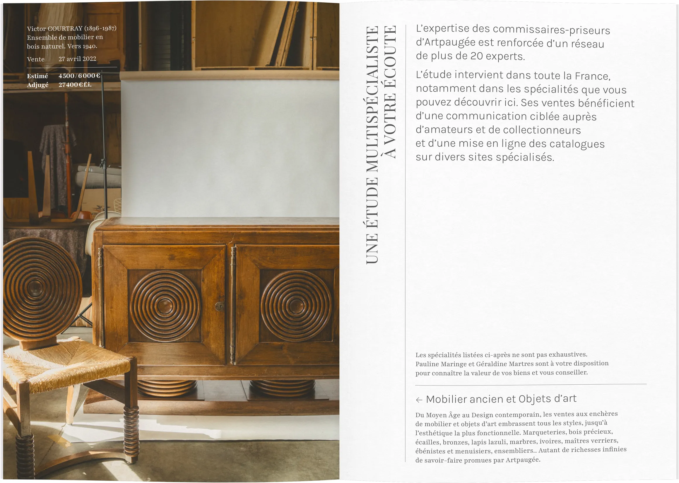 Double page présentation des spécialités Artpaugée — conception graphique de livret institutionnel pour maison de ventes, graphiste freelance Occitanie