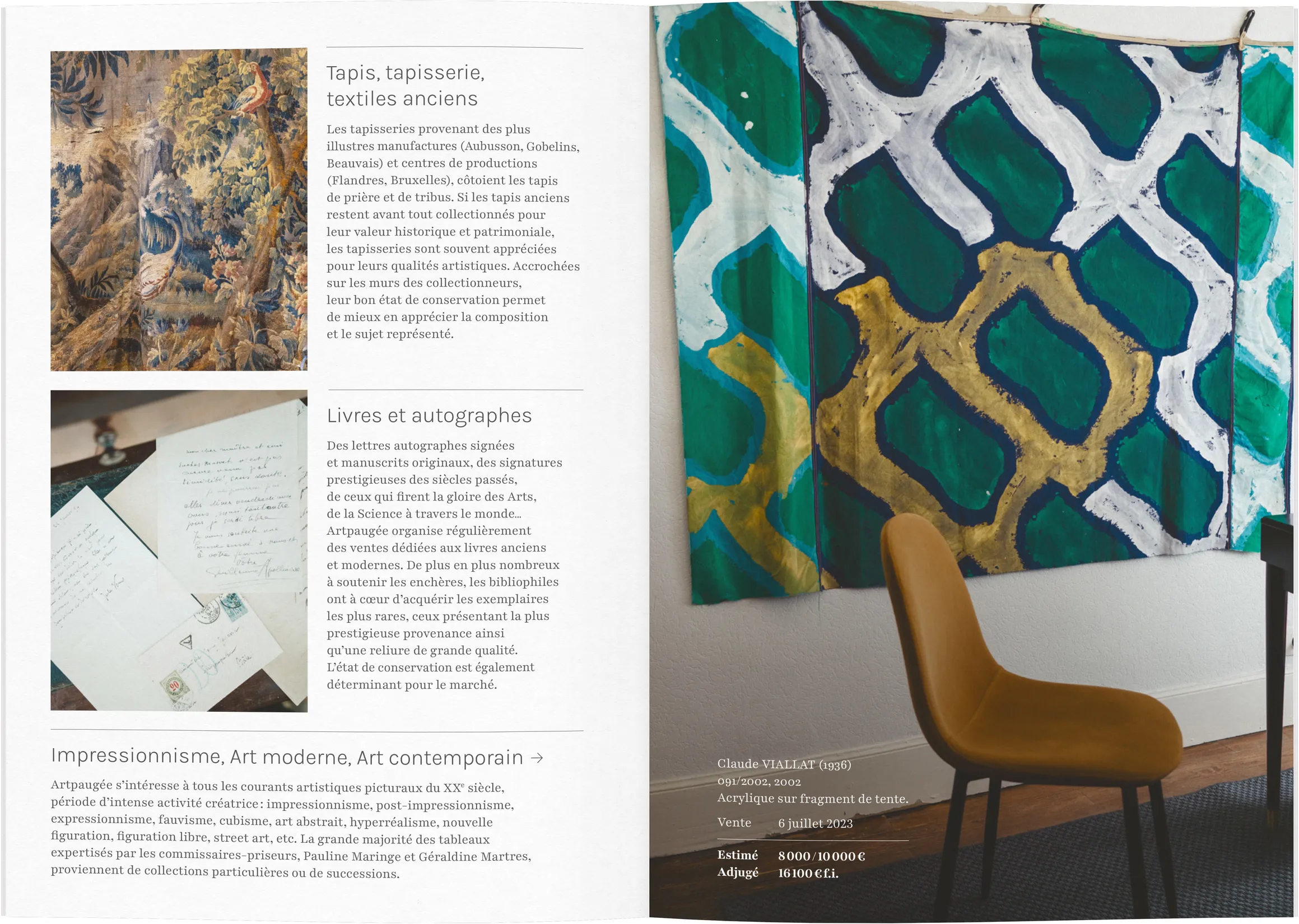 Double page grille de références Artpaugée — design éditorial print pour présentation de collections, maison de ventes aux enchères, graphiste Toulouse, Occitanie