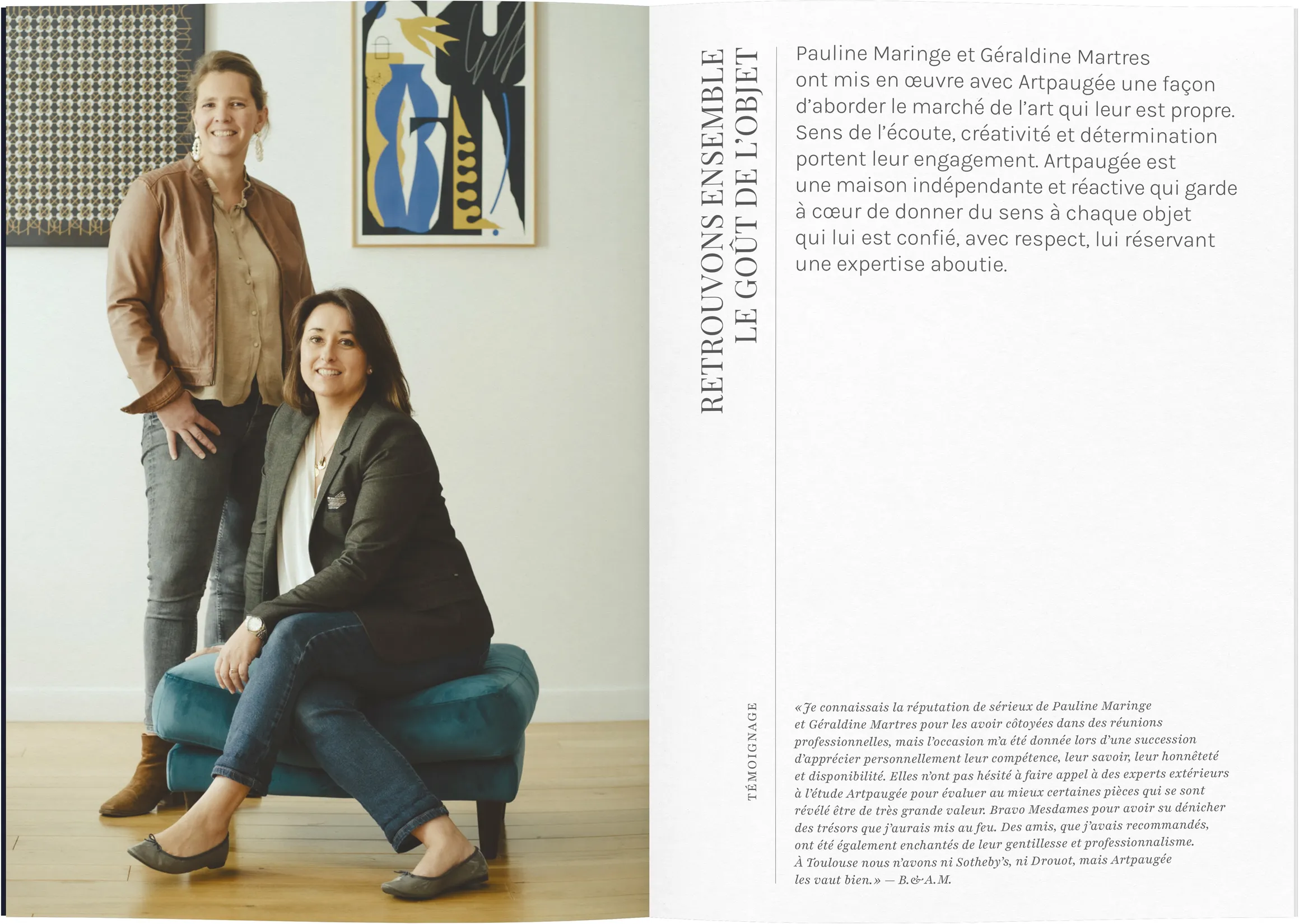 Double page portrait des commissaires-priseuses Artpaugée — design éditorial avec photographie et texte, livret print pour maison de ventes, graphiste freelance Montauban, Occitanie