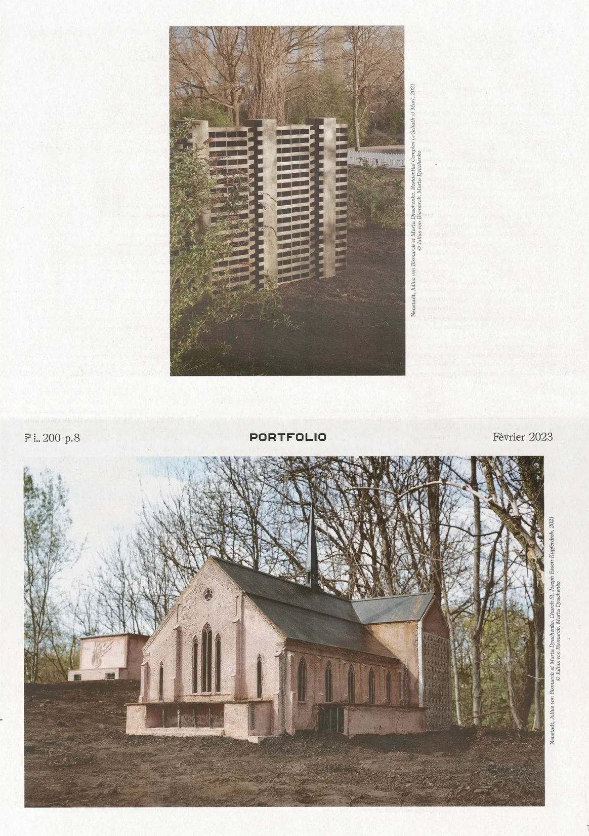 Double page portfolio avec photographie d'architecture religieuse dans le journal Plan Libre — mise en page print pour publication architecturale, graphiste freelance Montauban, Occitanie