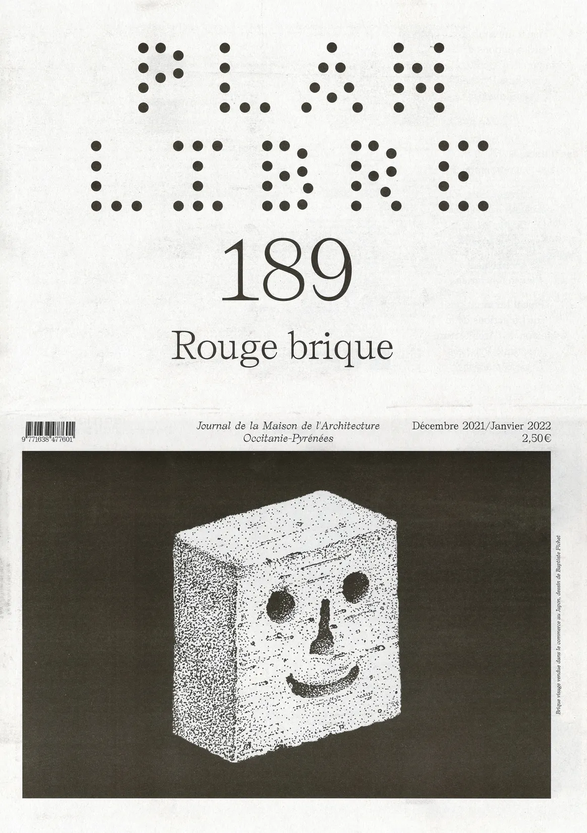 Couverture du journal Plan Libre numéro 189 Rouge brique — conception graphique de presse architecturale, typographie expérimentale en pointillés, graphiste freelance Toulouse, Occitanie