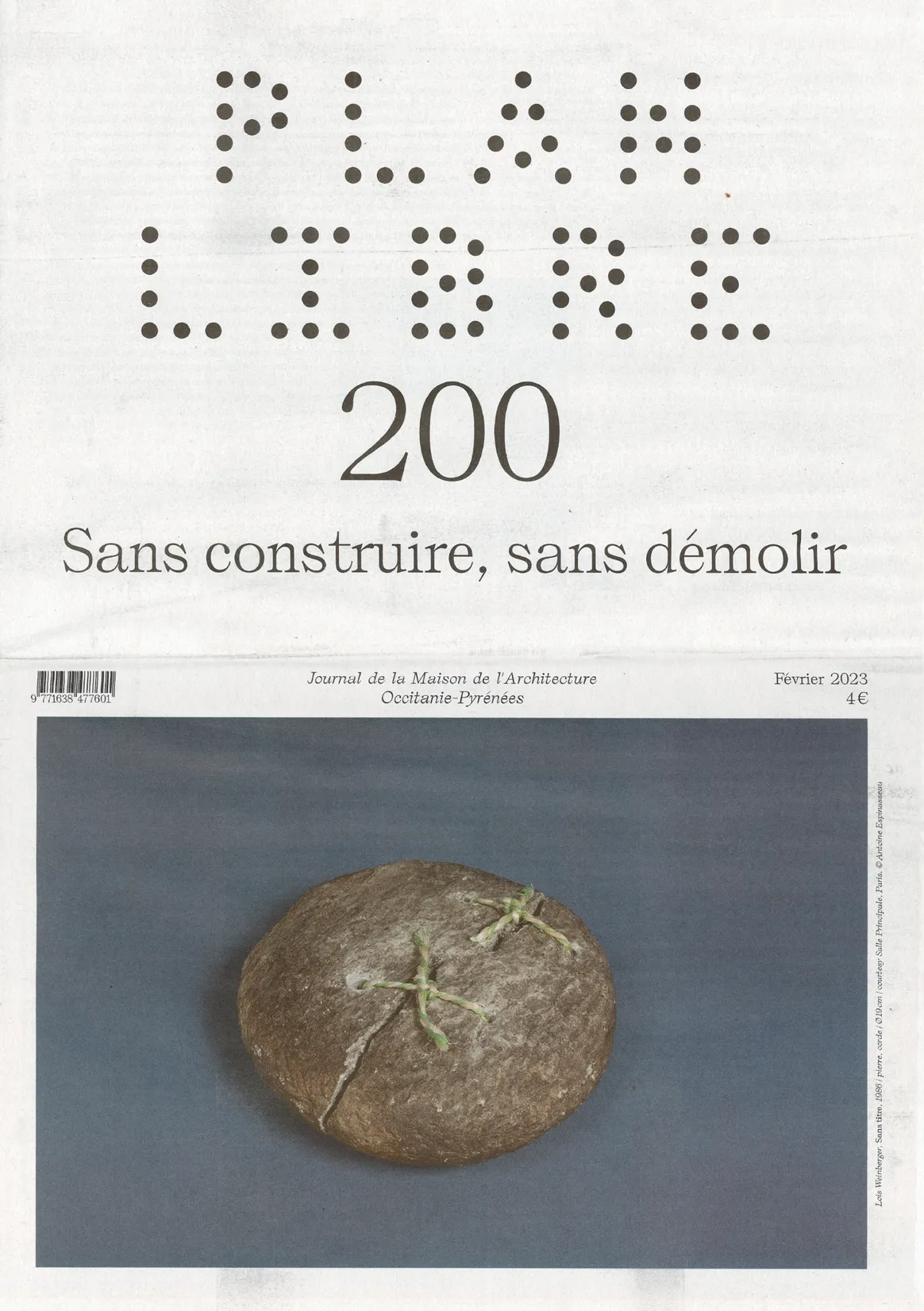 Couverture du journal Plan Libre numéro 200 Sans construire sans démolir — conception graphique de couverture pour presse d'architecture, typographie expérimentale, graphiste freelance Toulouse, Occitanie