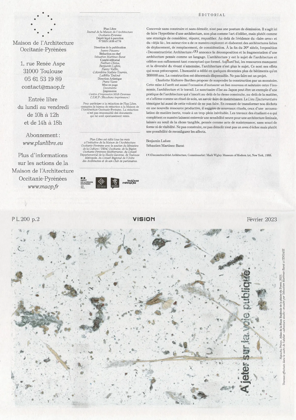 Page Vision avec cartographie dans le journal Plan Libre — design éditorial avec illustration cartographique pour presse architecturale, graphiste freelance Cahors, Occitanie