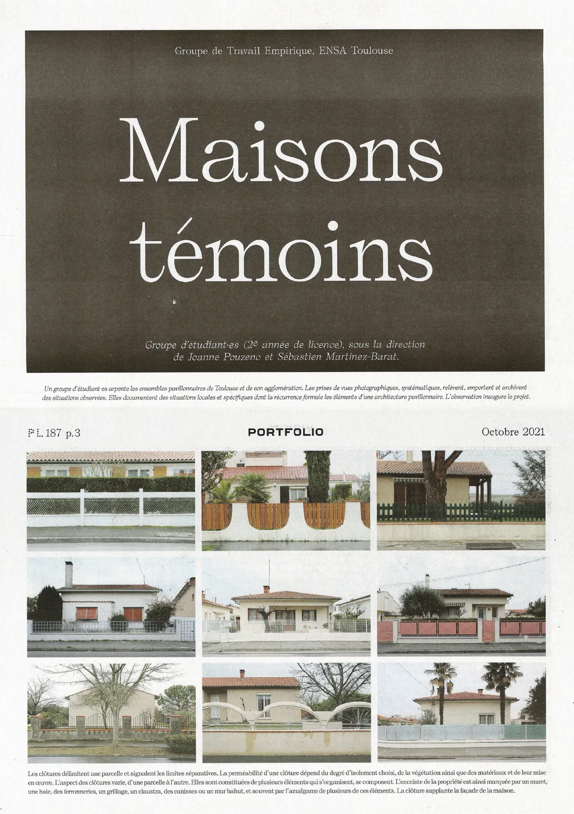Page de titre du dossier Maisons témoins dans le journal Plan Libre — design éditorial pour publication architecturale, graphiste freelance Montauban, Occitanie