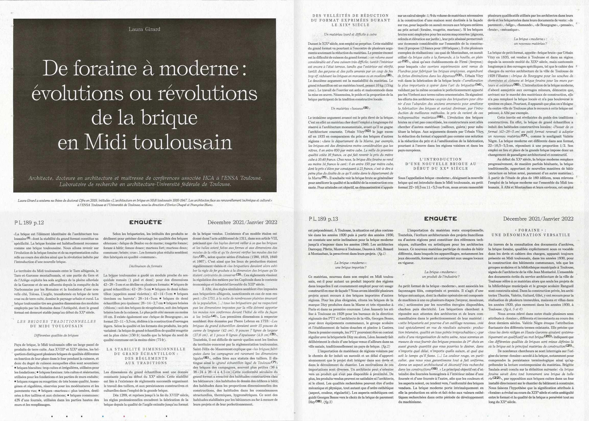 Double page article La brique en Midi toulousain dans le journal Plan Libre — design éditorial pour dossier thématique de presse architecturale, graphiste freelance Toulouse, Occitanie