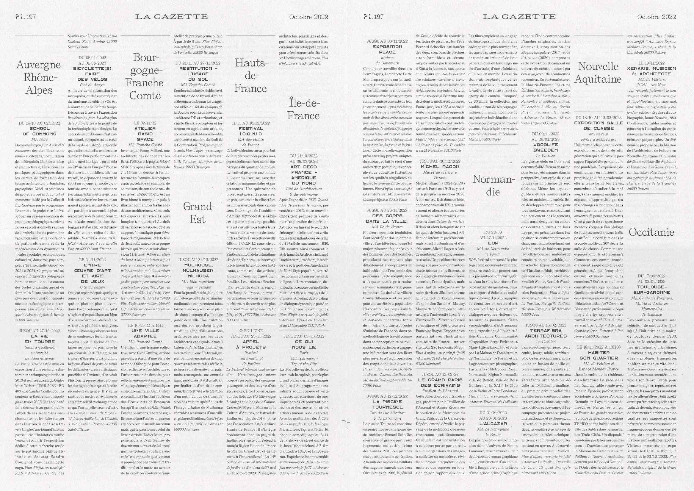 Pages La Gazette du journal Plan Libre — mise en page dense multicolonnes pour presse d'architecture toulousaine, graphiste freelance Toulouse, Occitanie