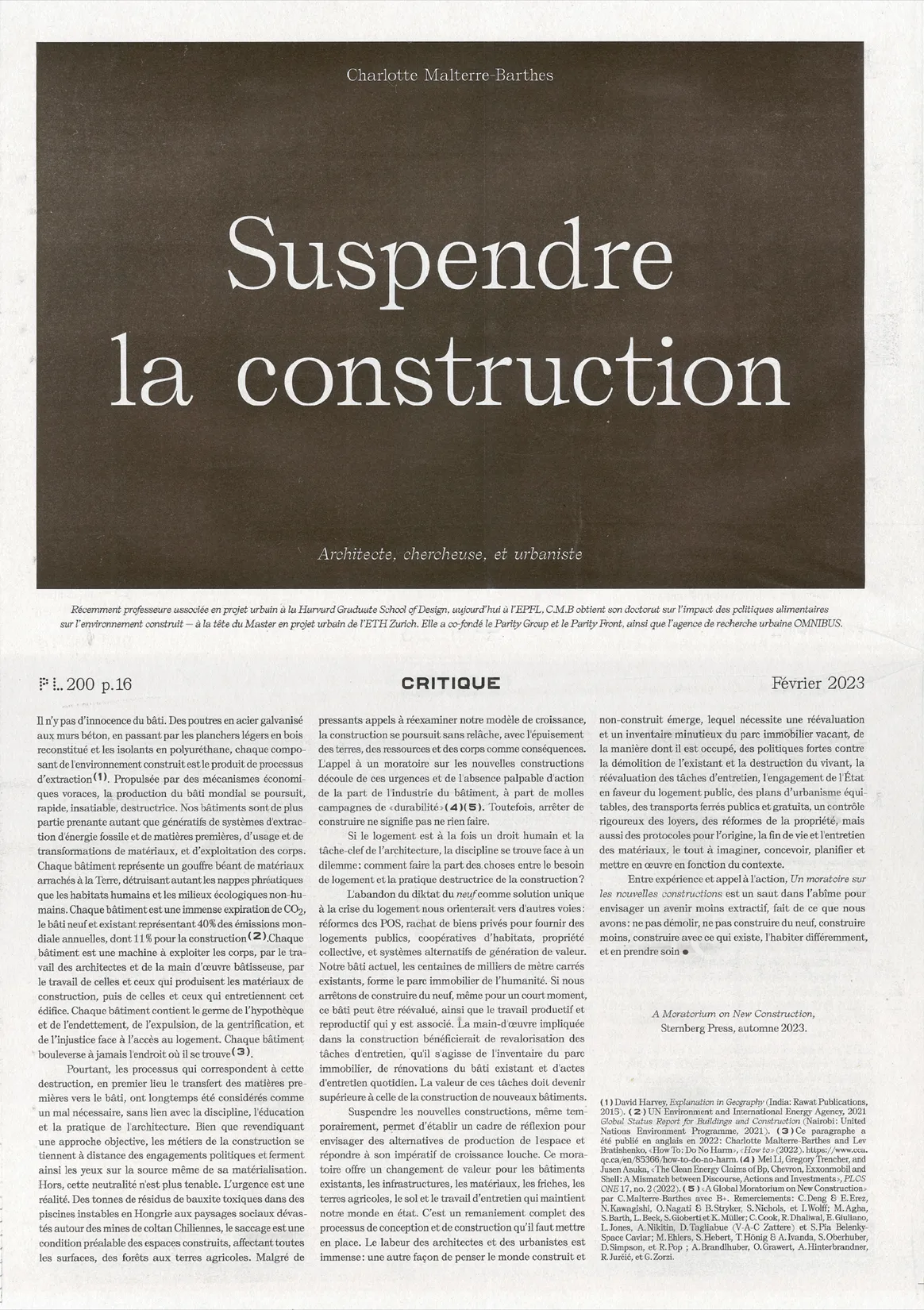 Page de titre du dossier Suspendre la construction dans le journal Plan Libre — design typographique éditorial pour presse d'architecture, graphiste freelance Toulouse, Occitanie