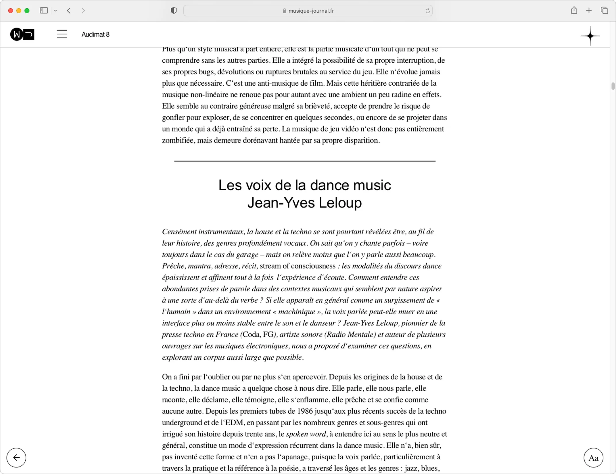 Interface de lecture longue d'un article sur la dance music — conception UX et design typographique pour lecture en ligne, graphiste freelance Occitanie