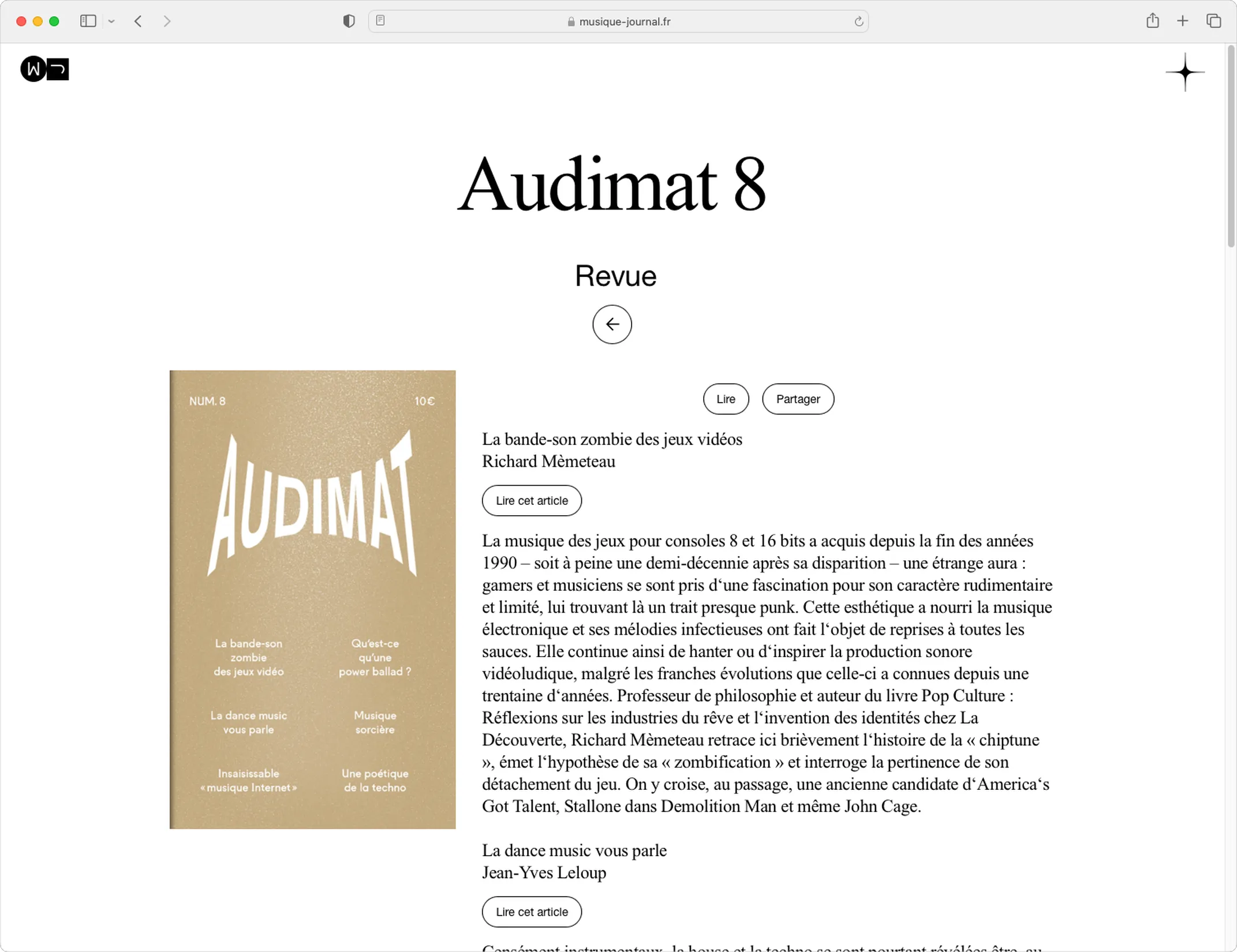 Interface de lecture de la revue Audimat 8 sur Musique Journal — design d'interface web pour lecture longue, webdesign éditorial pour presse musicale, graphiste Toulouse, Occitanie