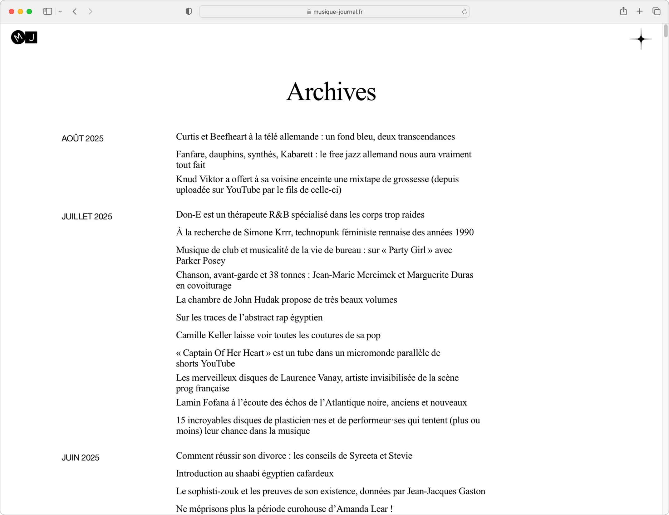 Page Archives du site Musique Journal — webdesign avec liste d'articles dense et typographie soignée, design pour média de presse musicale, graphiste Toulouse, Occitanie