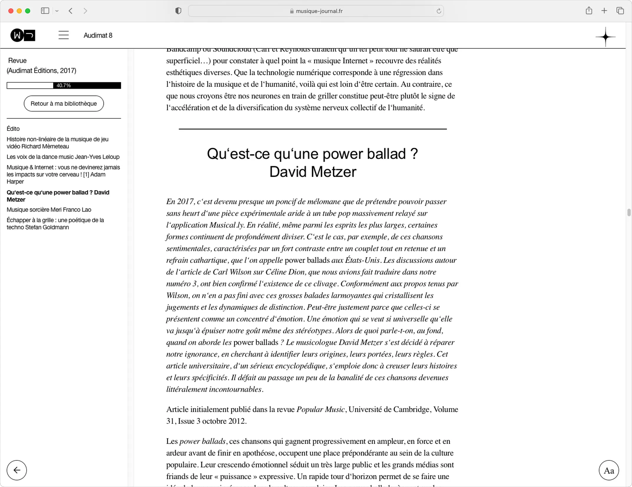 Interface de lecture longue d'un article sur la dance music — conception UX et design typographique pour lecture en ligne, graphiste freelance Occitanie