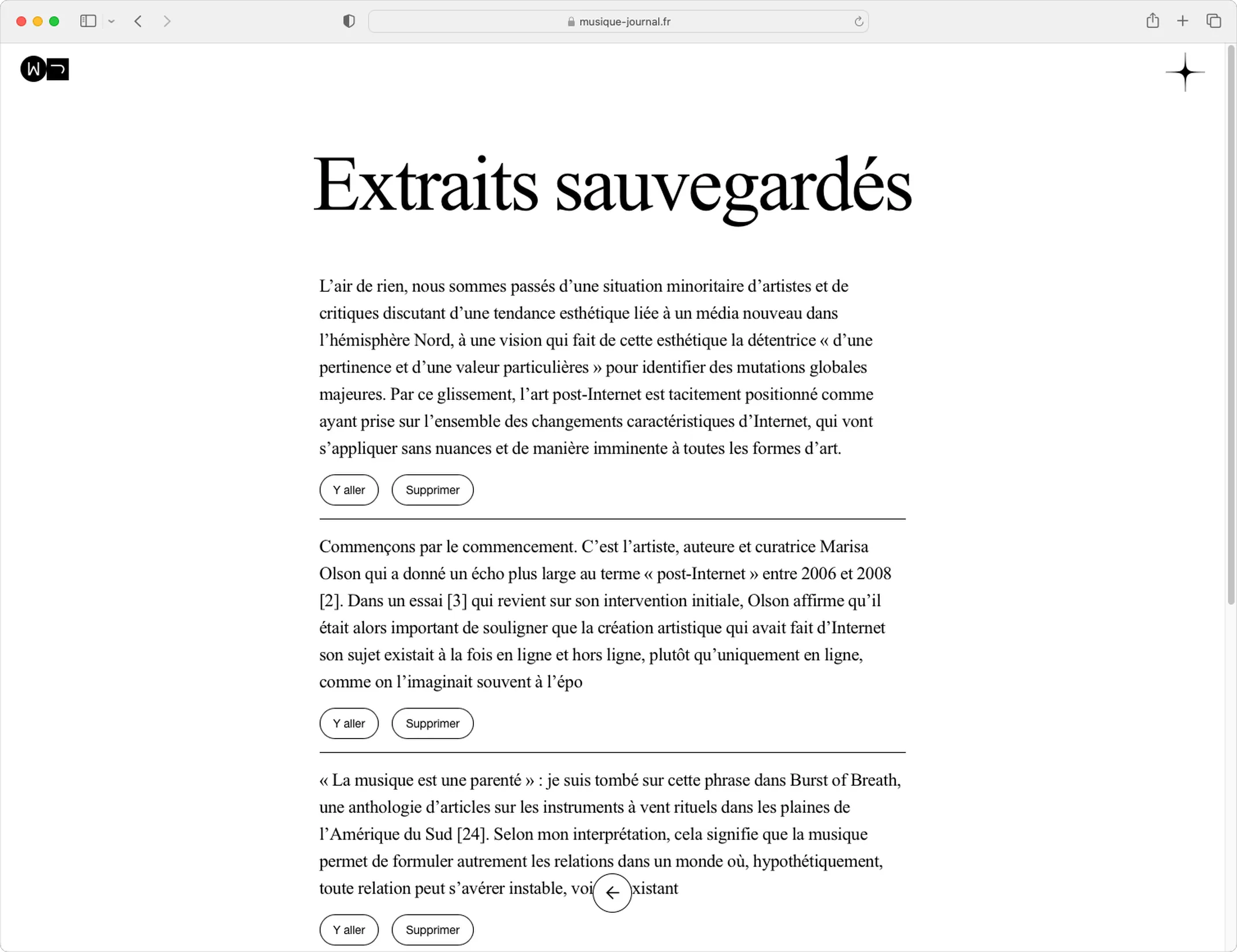 Interface Extraits sauvegardés du site Musique Journal — conception UX de fonctionnalité d'annotation pour média de presse en ligne, graphiste freelance Toulouse, Occitanie