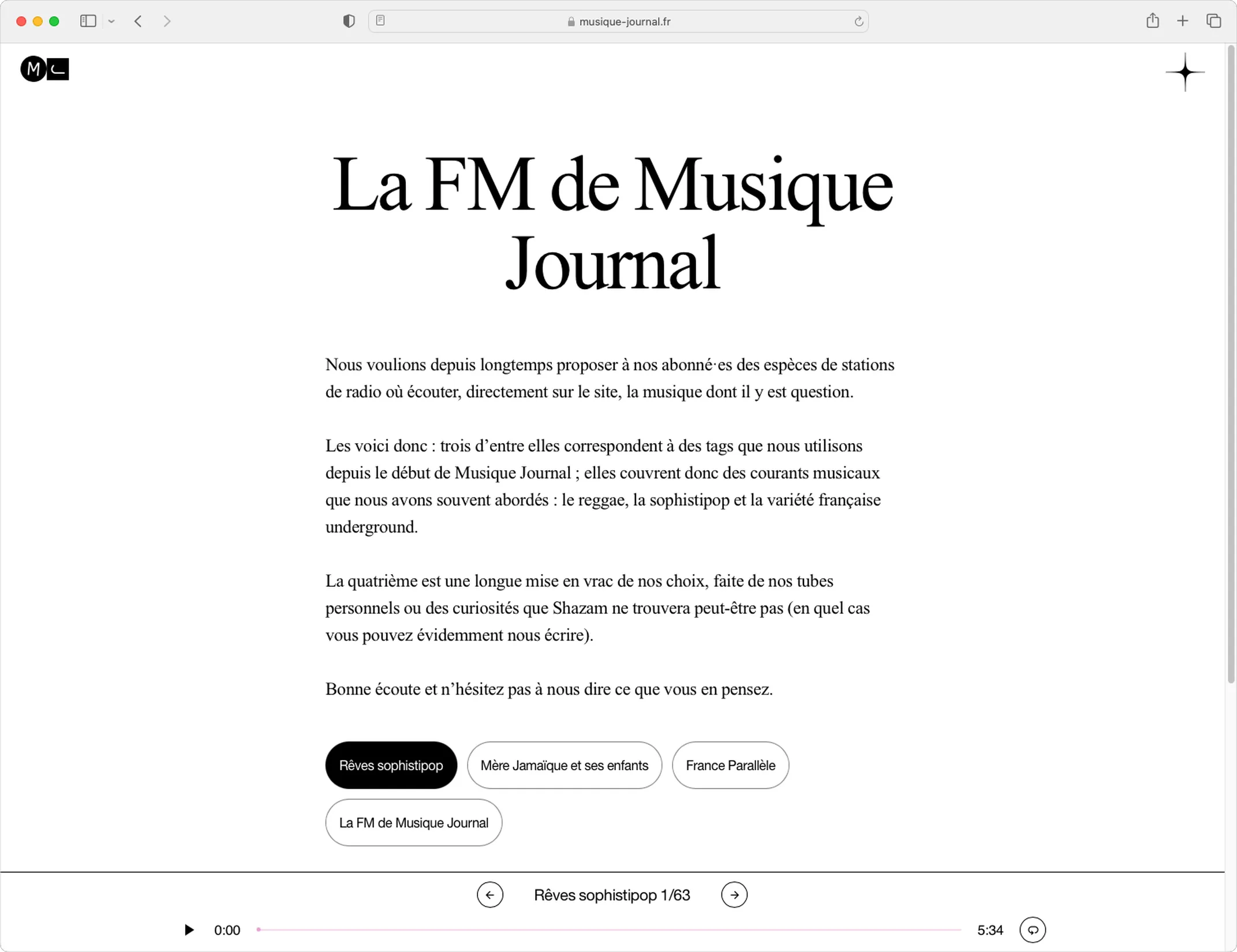 Page La FM de Musique Journal — webdesign pour interface de radio en ligne, design éditorial pour média musical, graphiste freelance Occitanie
