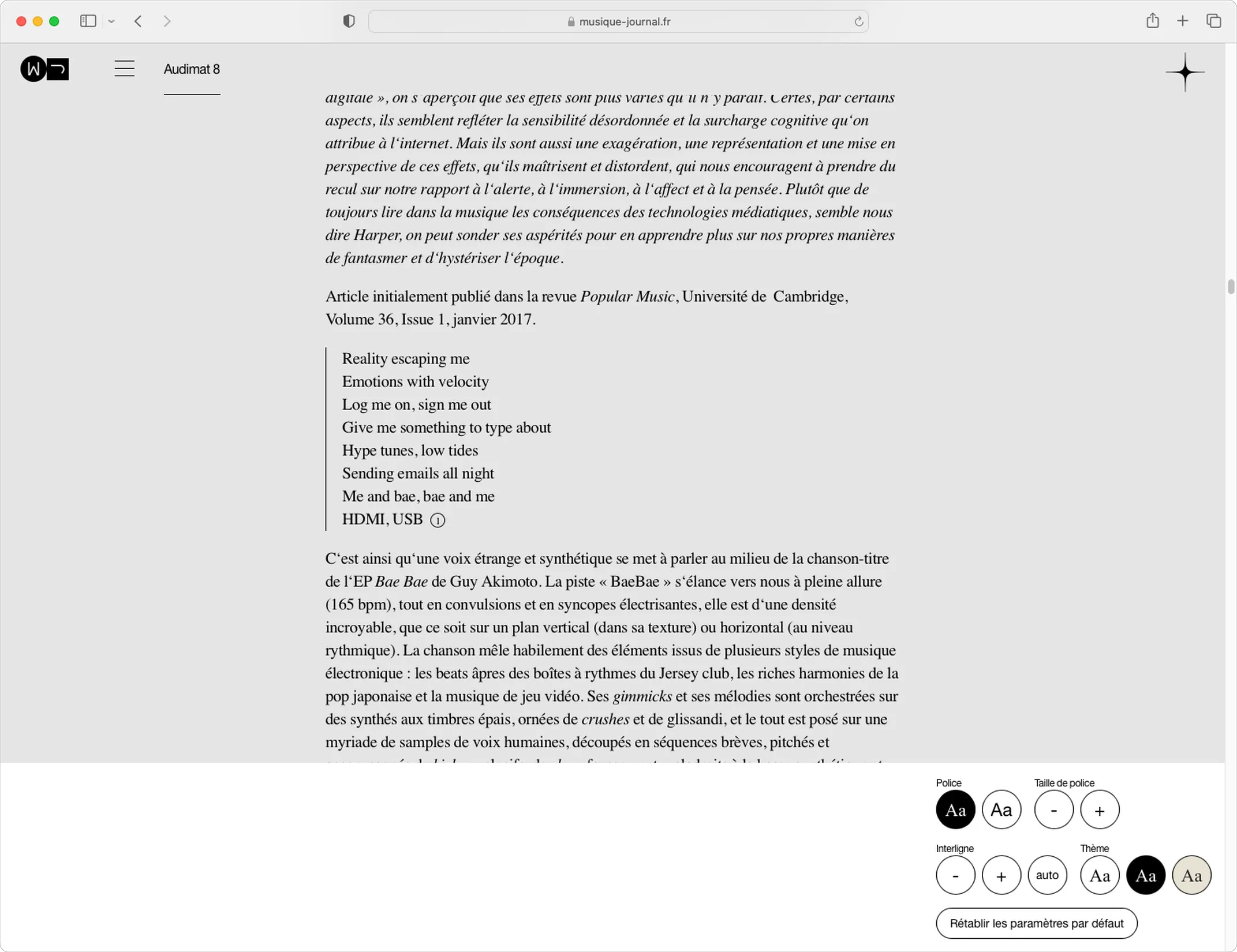 Interface de lecture Longs formats avec réglages typographiques — conception d'interface de lecture personnalisable pour média en ligne, graphiste freelance Toulouse, Occitanie