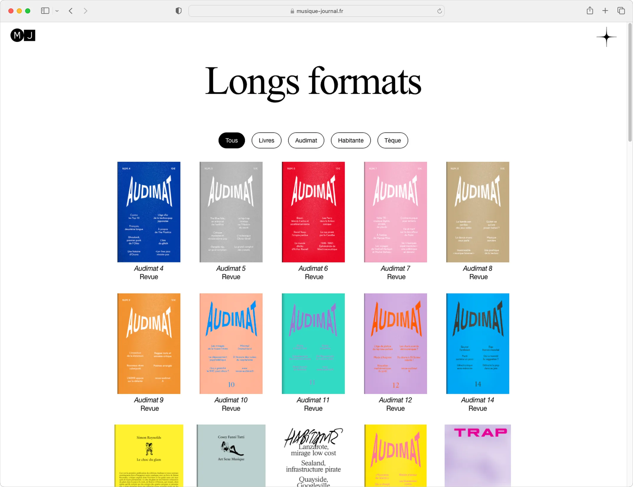 Page Longs formats du site Musique Journal — interface de lecture en ligne avec grille de couvertures colorées, webdesign éditorial, graphiste freelance Toulouse, Occitanie