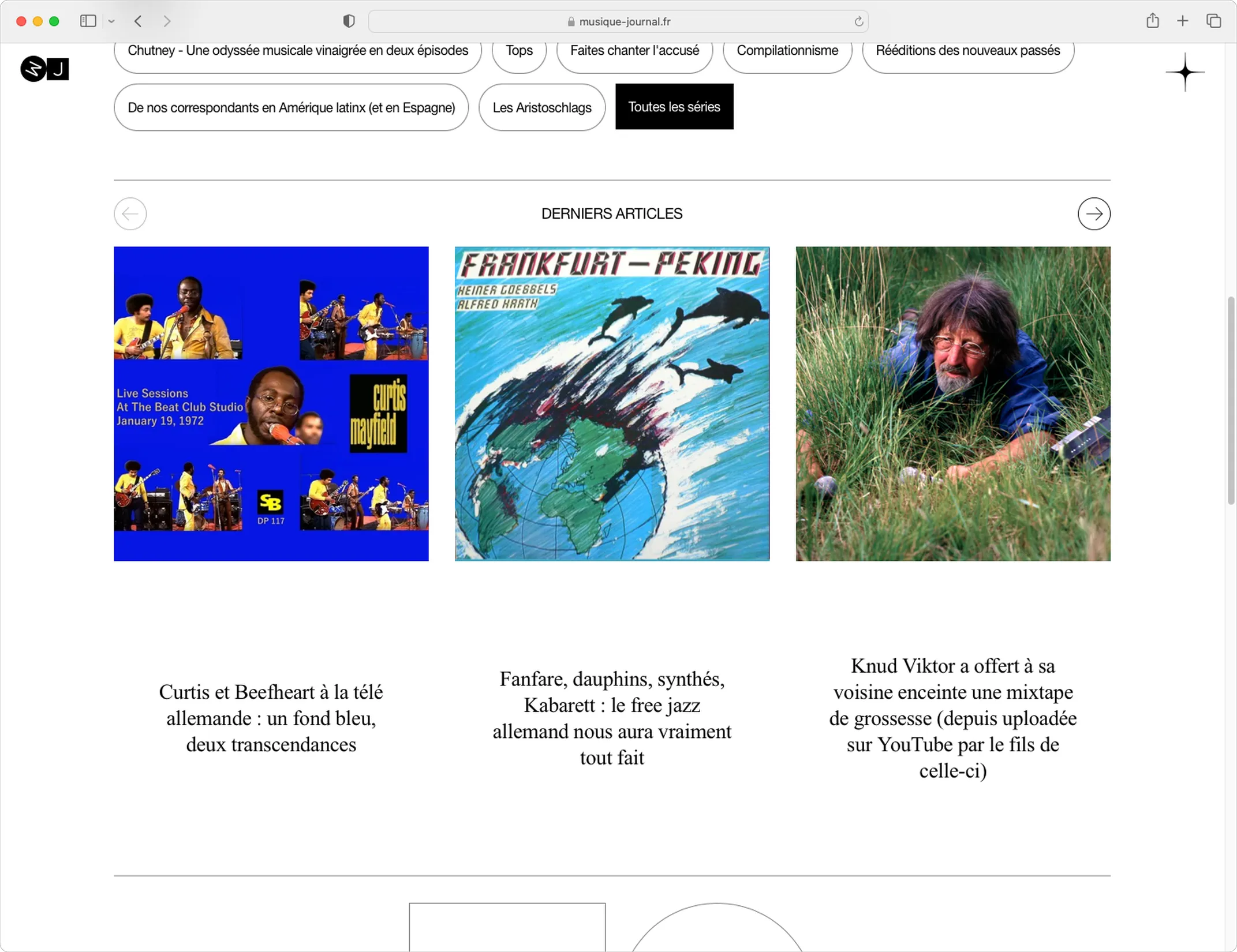 Page actualités du site Musique Journal — webdesign éditorial pour média de recommandations musicales, graphiste freelance Cahors, Occitanie