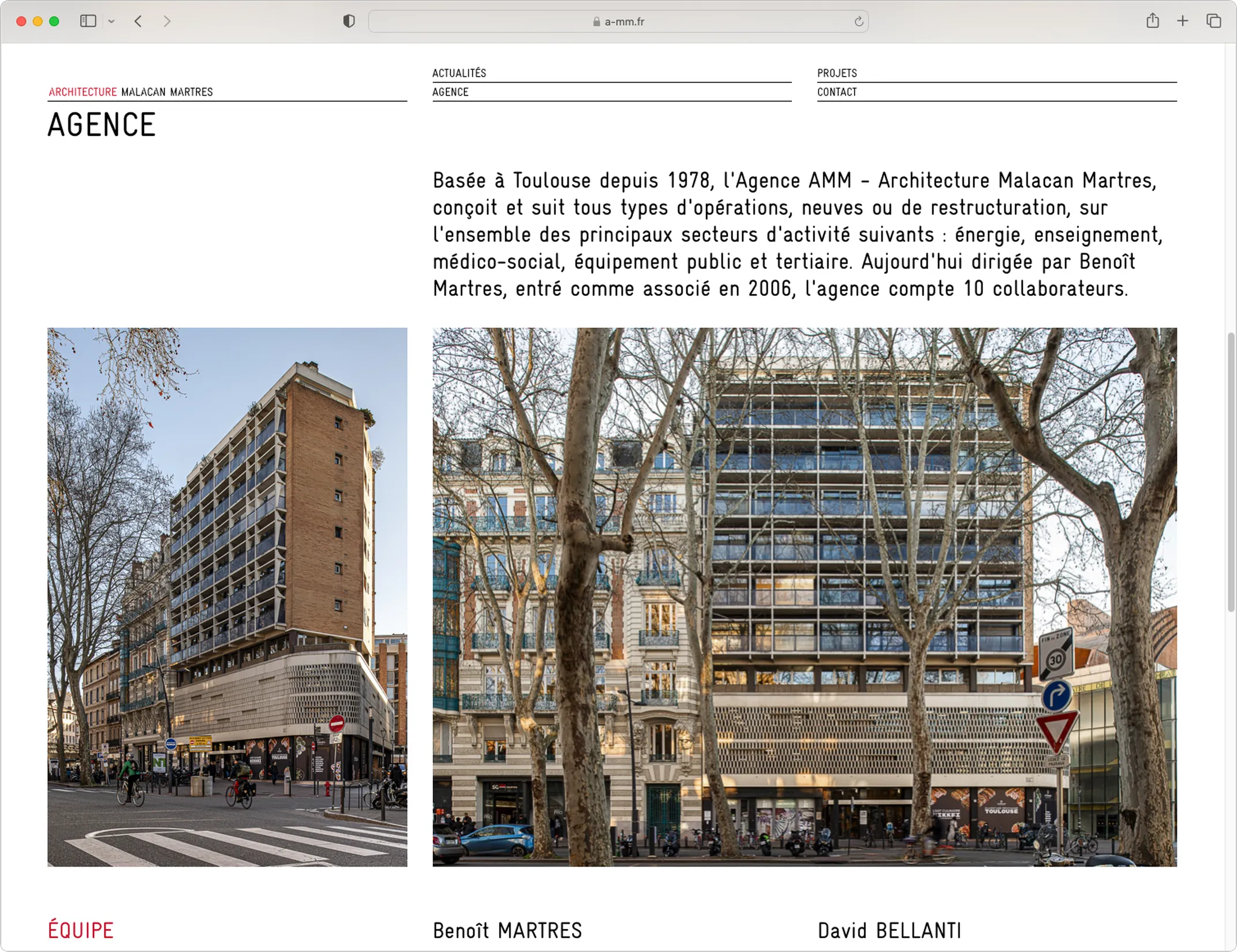 Page Agence du site AMM Architecture — webdesign sobre avec présentation de l'équipe dirigeante, graphiste freelance Toulouse, Occitanie
