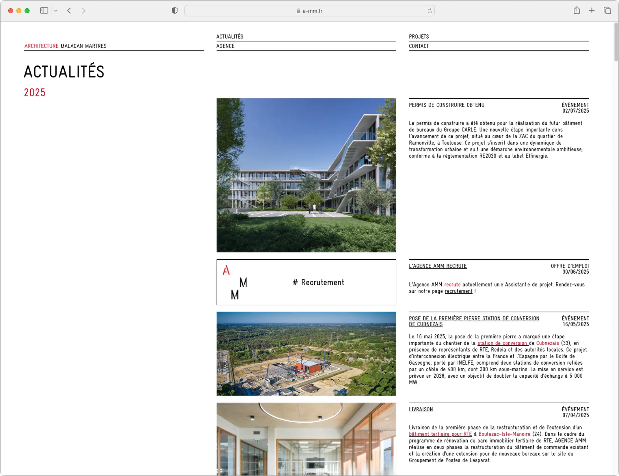 Page Actualités du site AMM Architecture — webdesign éditorial avec liste de projets et actualités d'agence, graphiste freelance Montauban, Occitanie