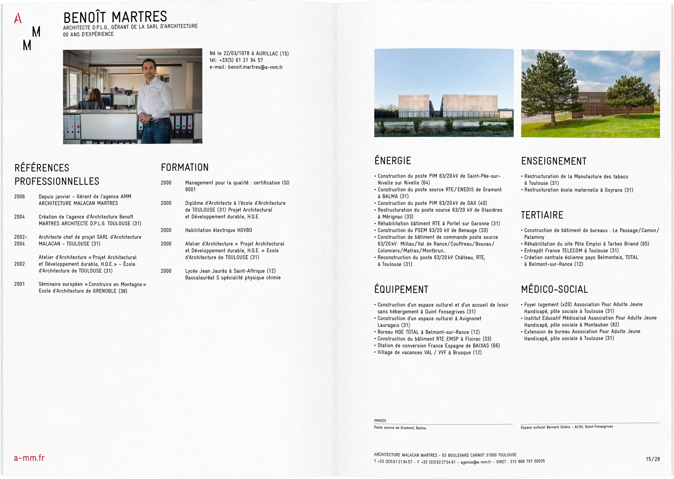 Gabarit de présentation d'architecte associé pour AMM Architecture — conception graphique de CV et références professionnelles, graphiste freelance Occitanie
