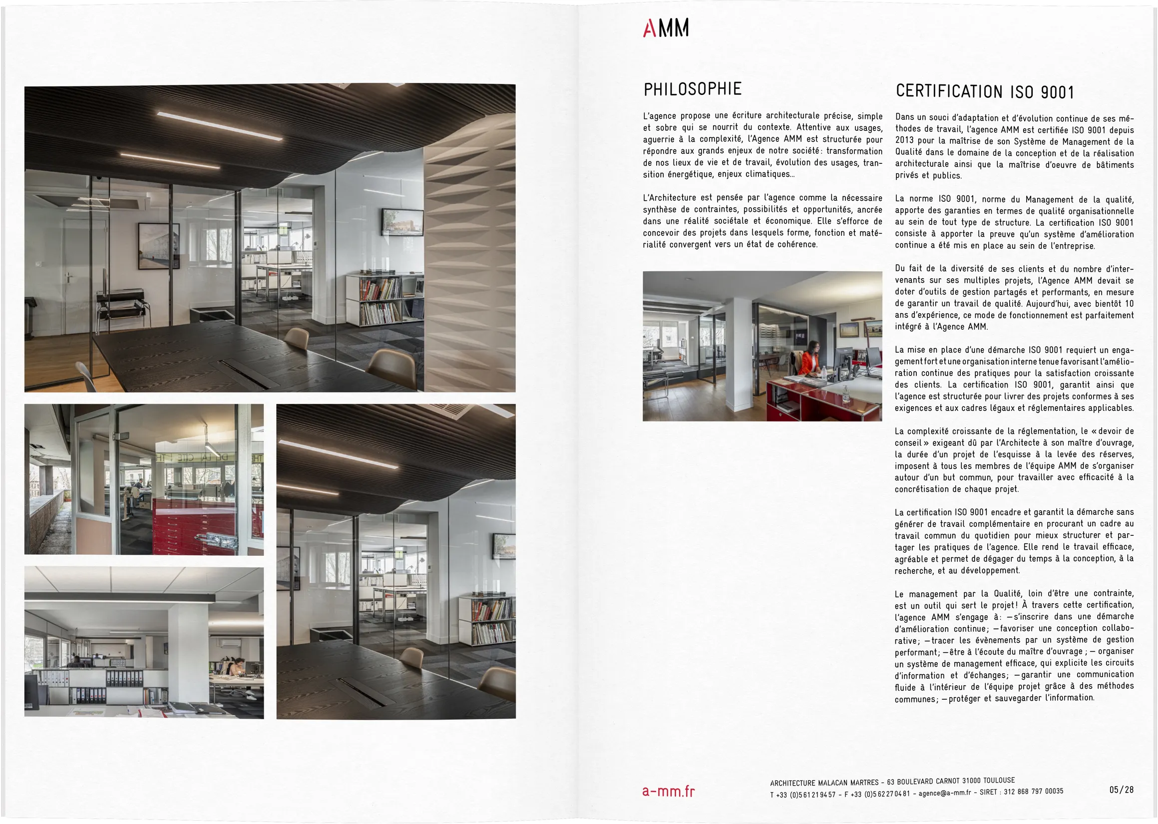 Gabarit philosophie et certification ISO 9001 AMM Architecture — design print de document institutionnel pour agence d'architecture certifiée, graphiste freelance Cahors, Occitanie