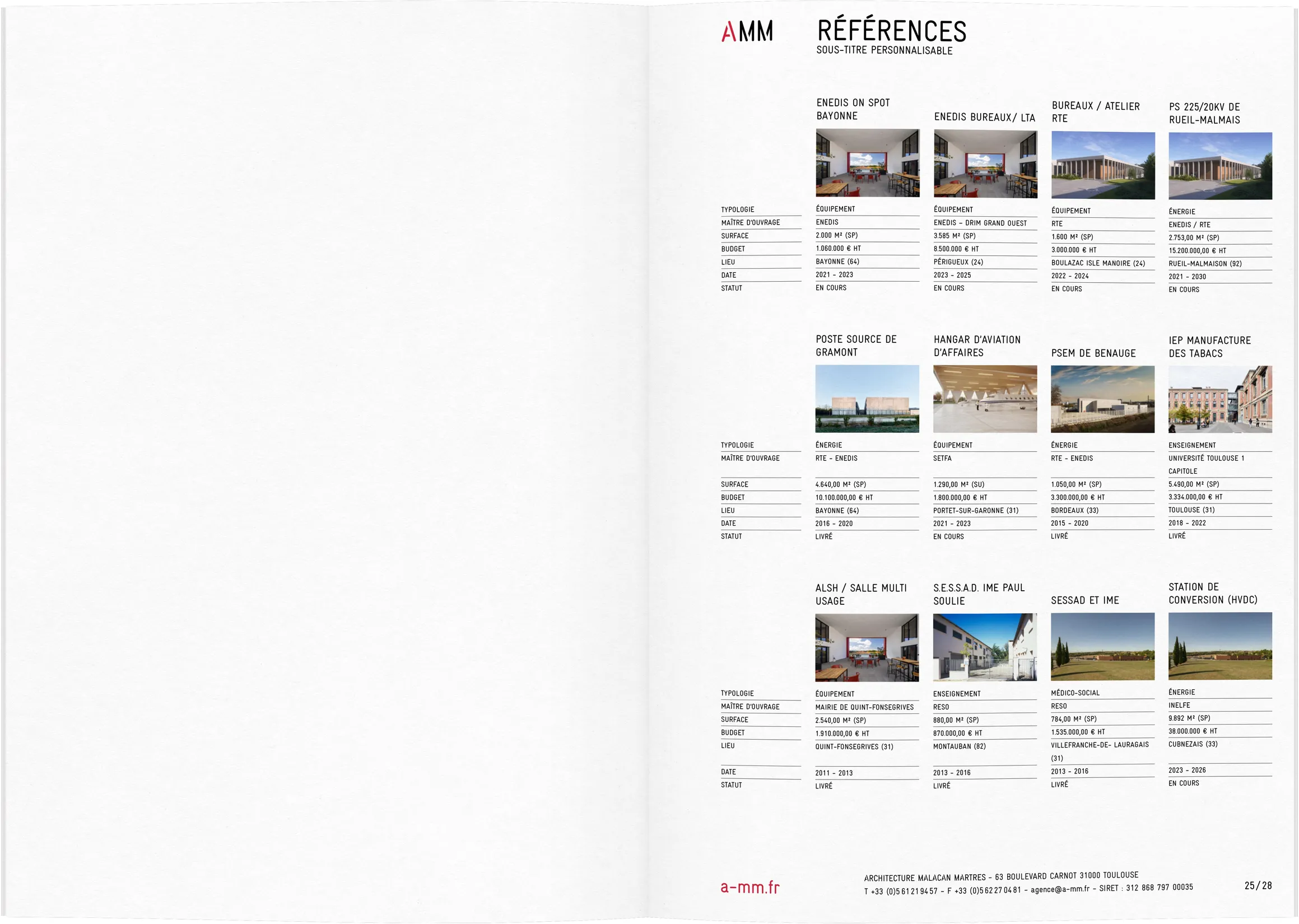Gabarit de références projets AMM Architecture — design print de document multivignettes pour agence d'architecture toulousaine, graphiste freelance Toulouse, Occitanie