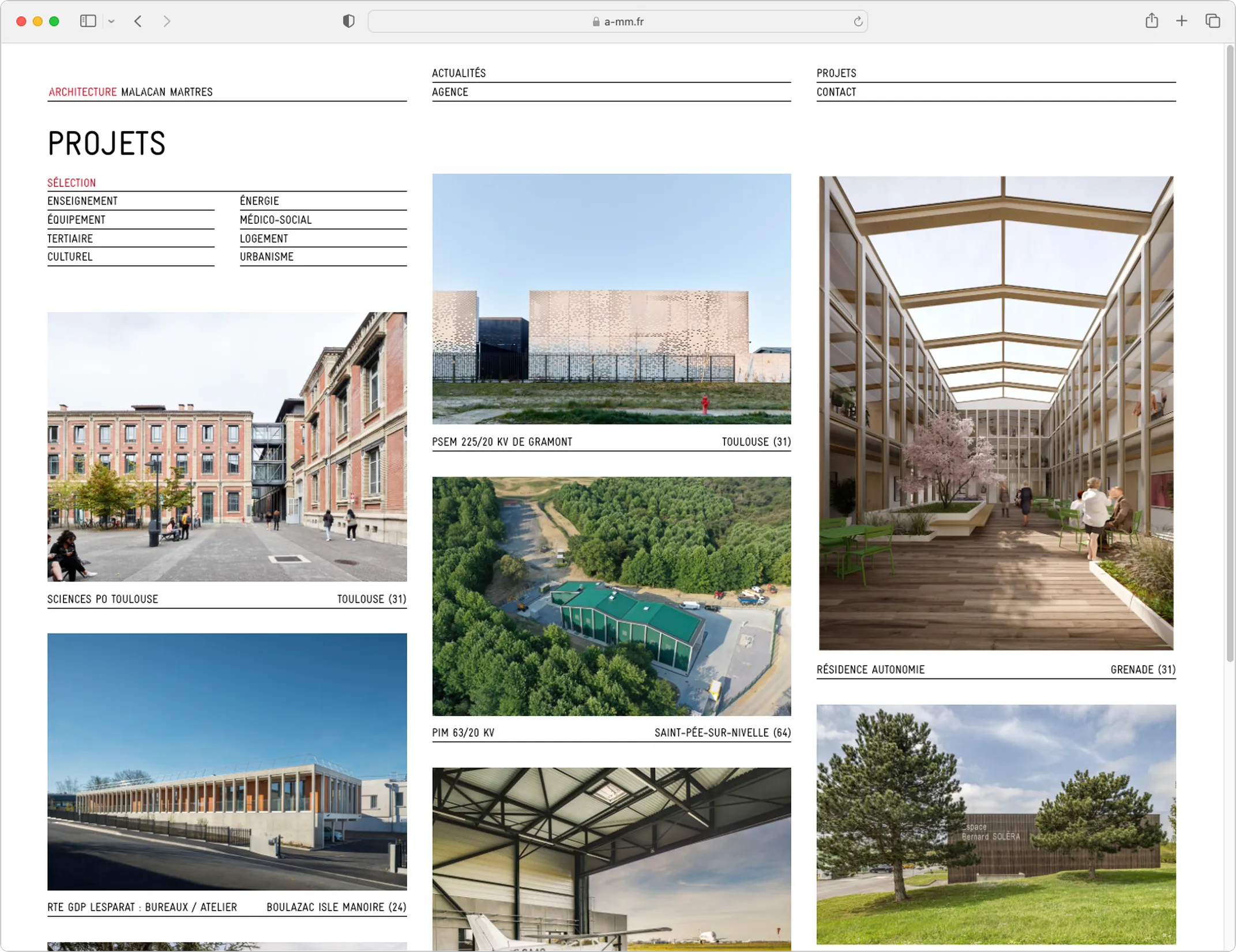 Page Projets du site AMM Architecture — webdesign avec grille de réalisations architecturales, graphiste freelance Cahors, Occitanie