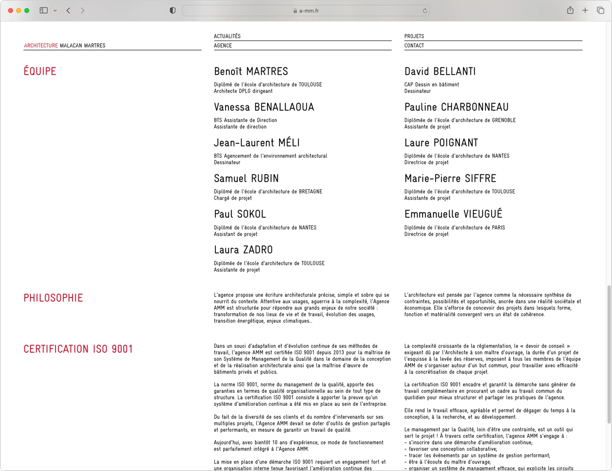 Page équipe complète du site AMM Architecture — design web avec liste des collaborateurs et rubriques philosophie et certification, graphiste Occitanie
