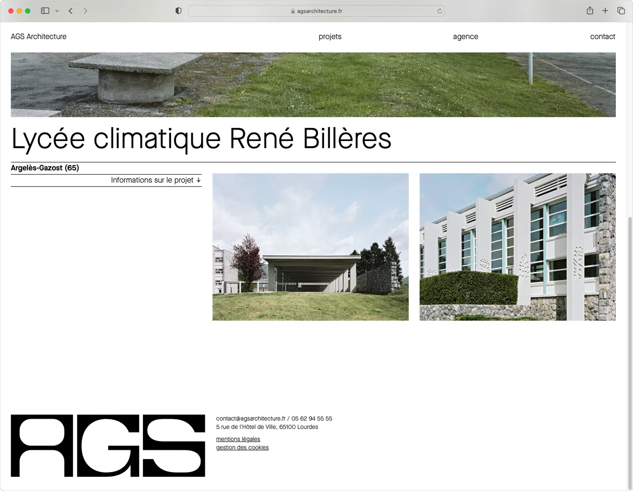 Détail de la page projet Lycée René Billères, site AGS Architecture — webdesign avec galerie photo et fiche technique, graphiste freelance Occitanie